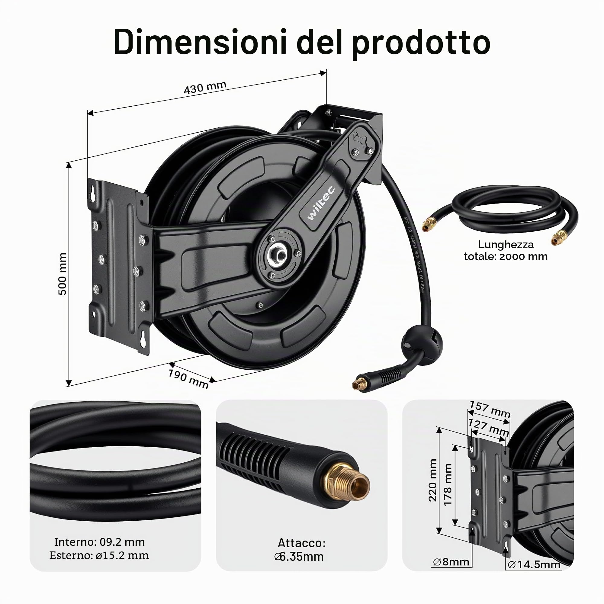 Wiltec Avvolgitubo per aria compressa 20 m, avvolgitubo automatico in acciaio, 20 bar, facile montaggio a muro, girevole a 180°