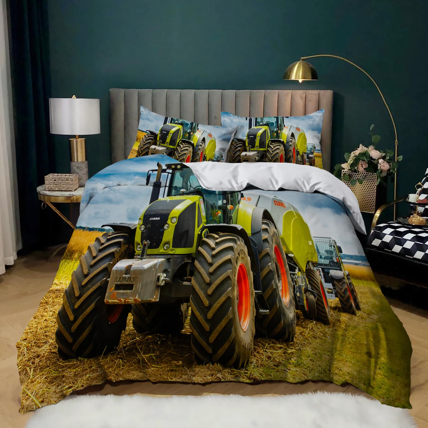 Set di biancheria da letto 3D con trattore 135 x 200 cm, copripiumino con motivo trattore per bambini ragazzi, morbido e comodo in microfibra, set da 3 pezzi con chiusura a zip