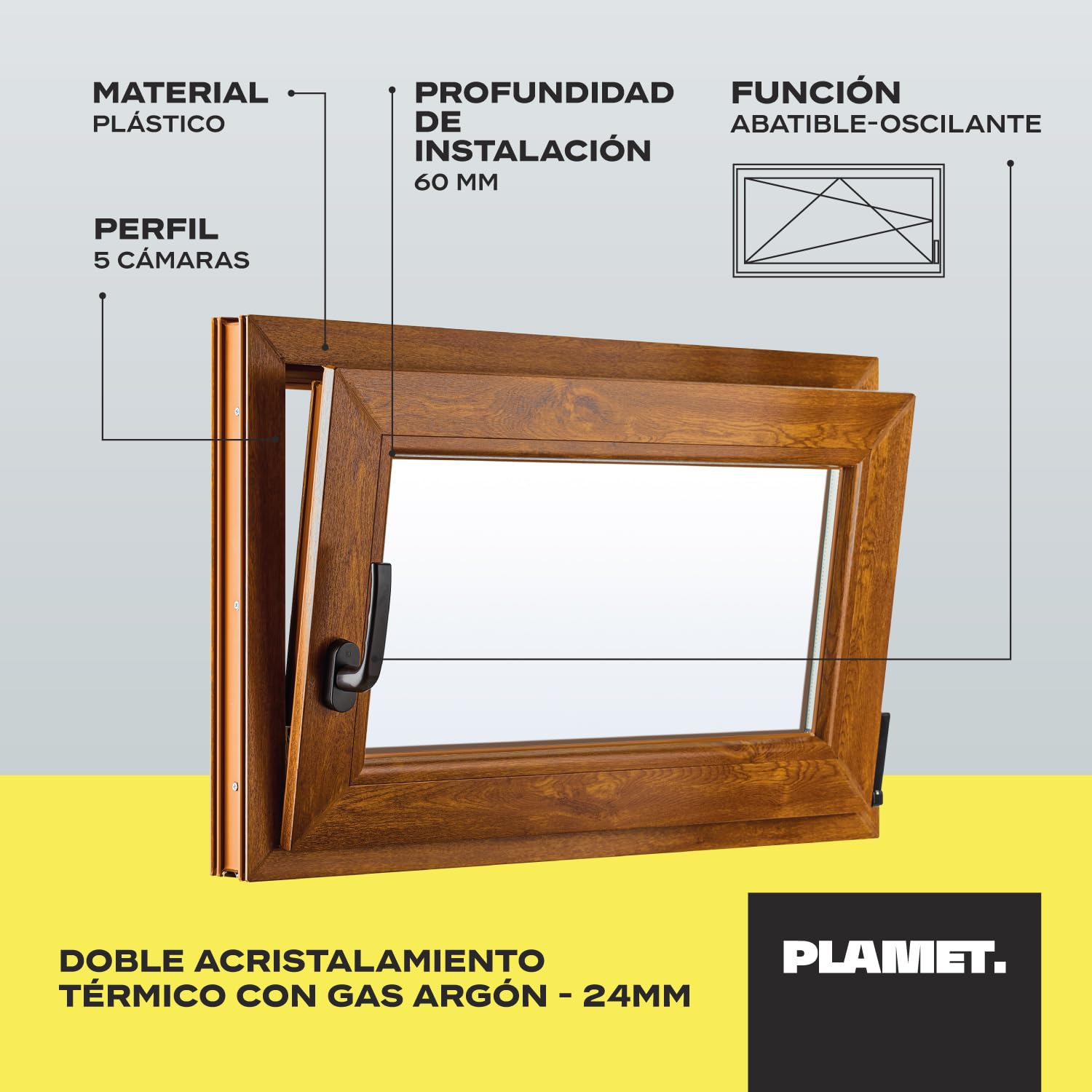 Ventana de PVC - Ventana de Plástico - Resistente a las Influencias Ambientales - Protección Contra Robo - Aislamiento Contra Ruido, Viento - Roble Dorado - 800x500cm - 4-16ar-4i