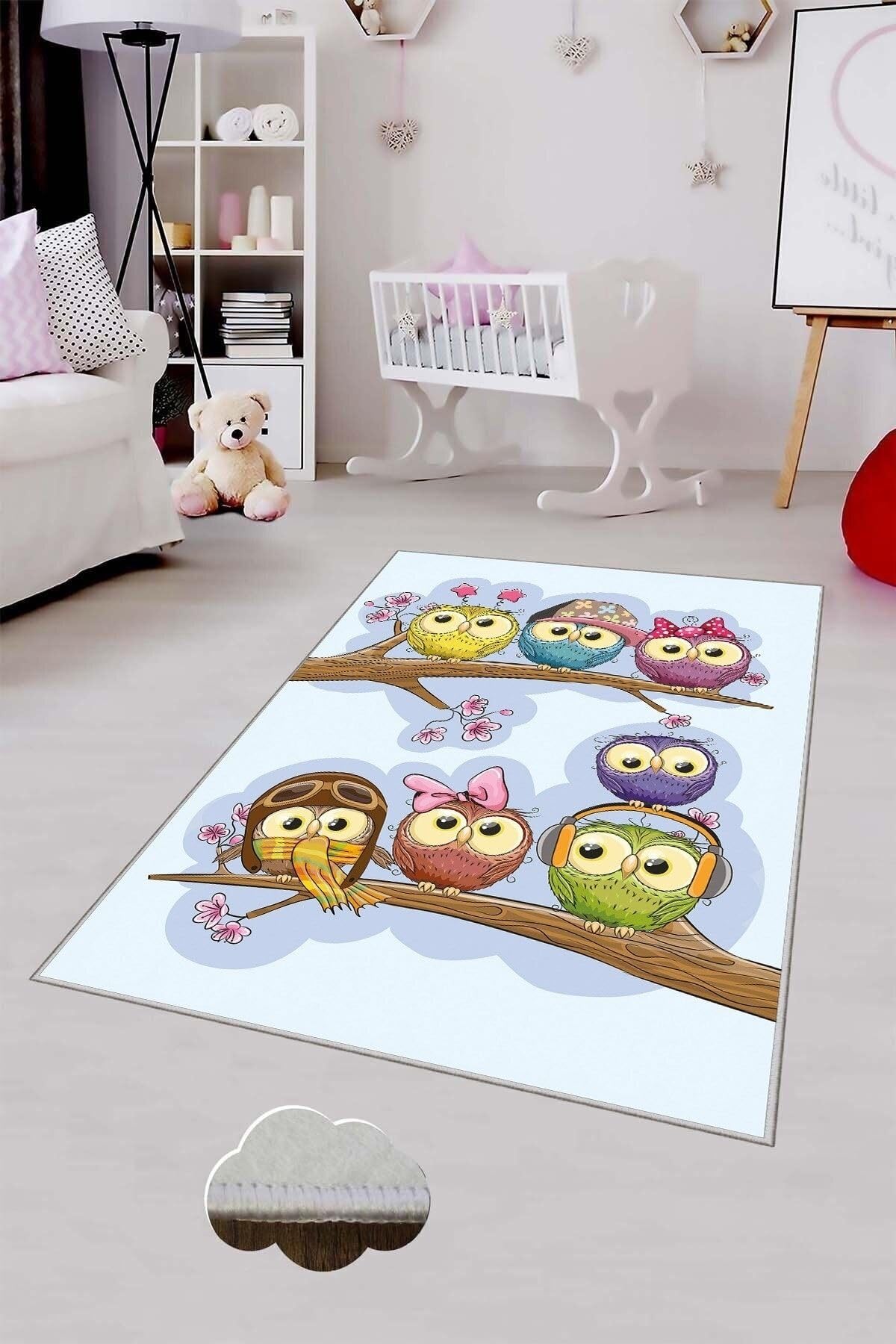 Pelangi Lila Kuş Desenli Çocuk Yıkanabilir Kaymaz Taban Leke Tutmazbebek Ve Çocuk Odası Halısı, Lila 80 x 50