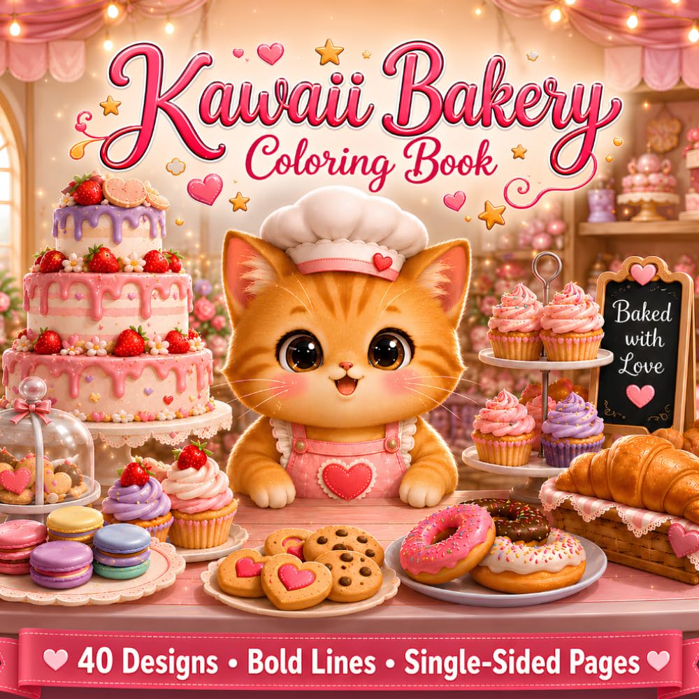 Kawaii Bakery Coloring Book: 40 Cute Bold Pages with Adorable Cat Chef, Cupcakes, Donuts & Sweet Treats — For Kids, Teens & Adults