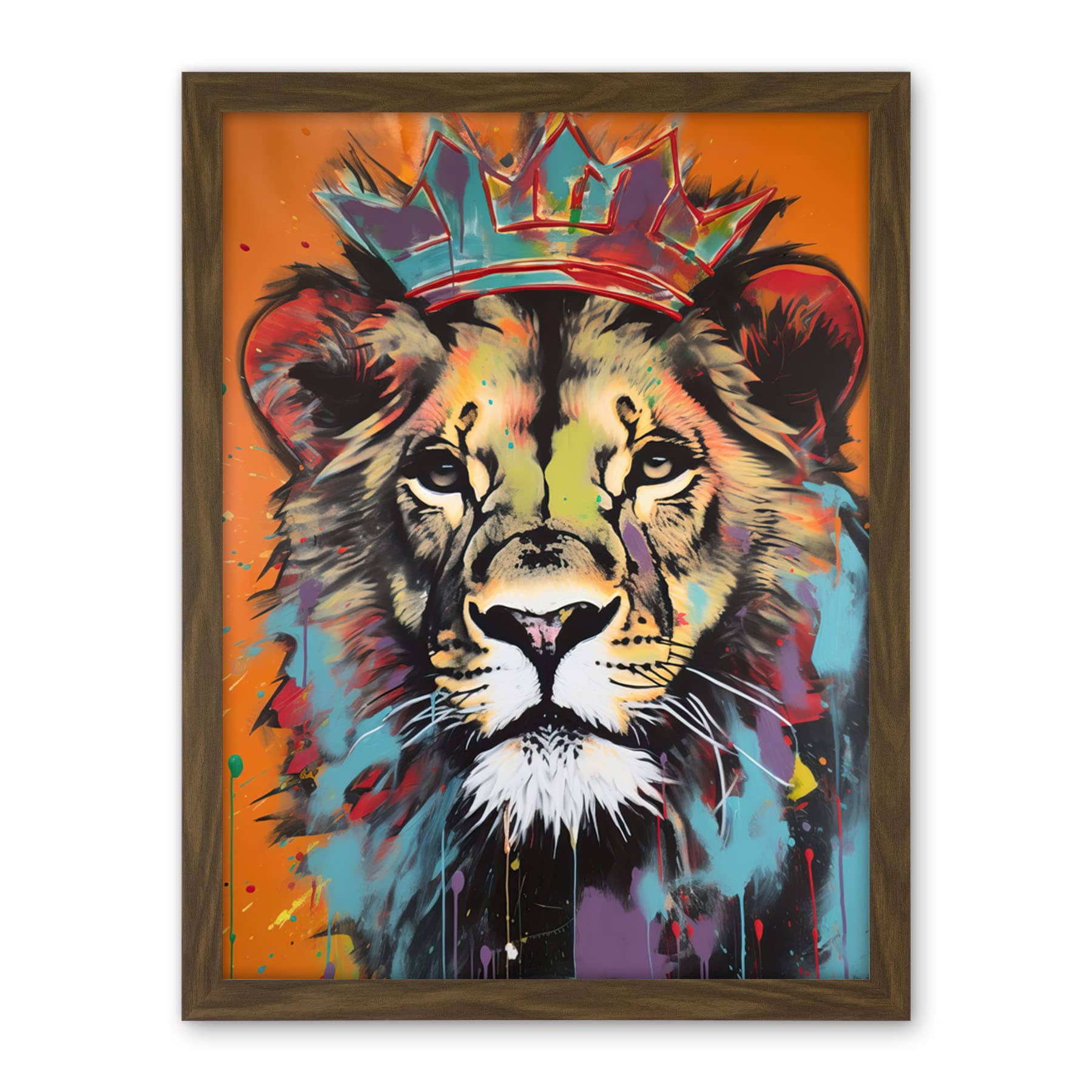 Artery8 Lion Wearing Crown Jungle King Animal Portrait Artwork Framed Wall Art Print 18X24 Inch
