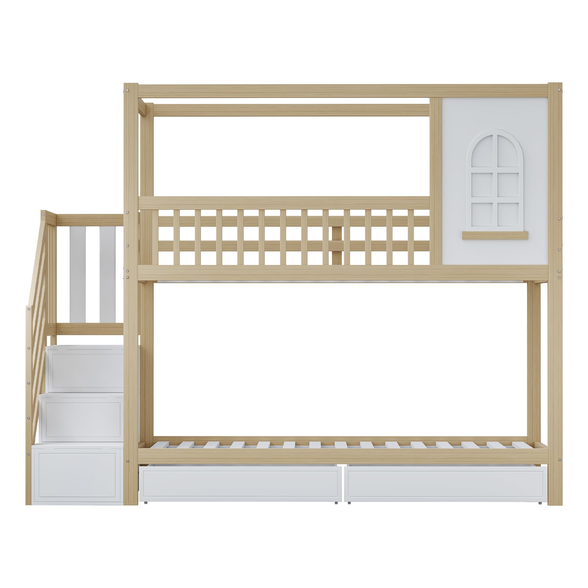Letto a castello 90 x 200 cm, letto matrimoniale in legno massello, a forma di casa con finestre, design di recinzione di sicurezza, con cassetti e scala di sicurezza, per adolescenti (legno