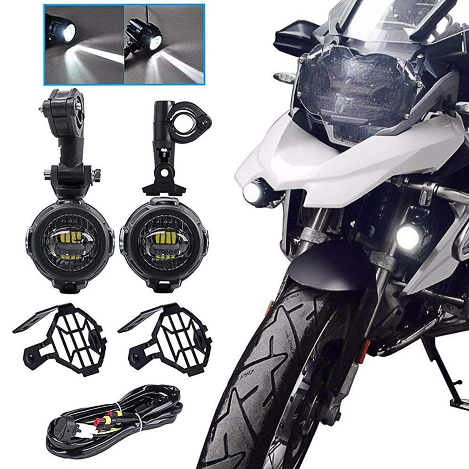 Shkalacar 2 Pezzi Fari fendinebbia a LED per Moto,Luci Anteriori per Moto,Fendinebbia Protezioni con Cablaggio Compatible con R1200GS F800GS