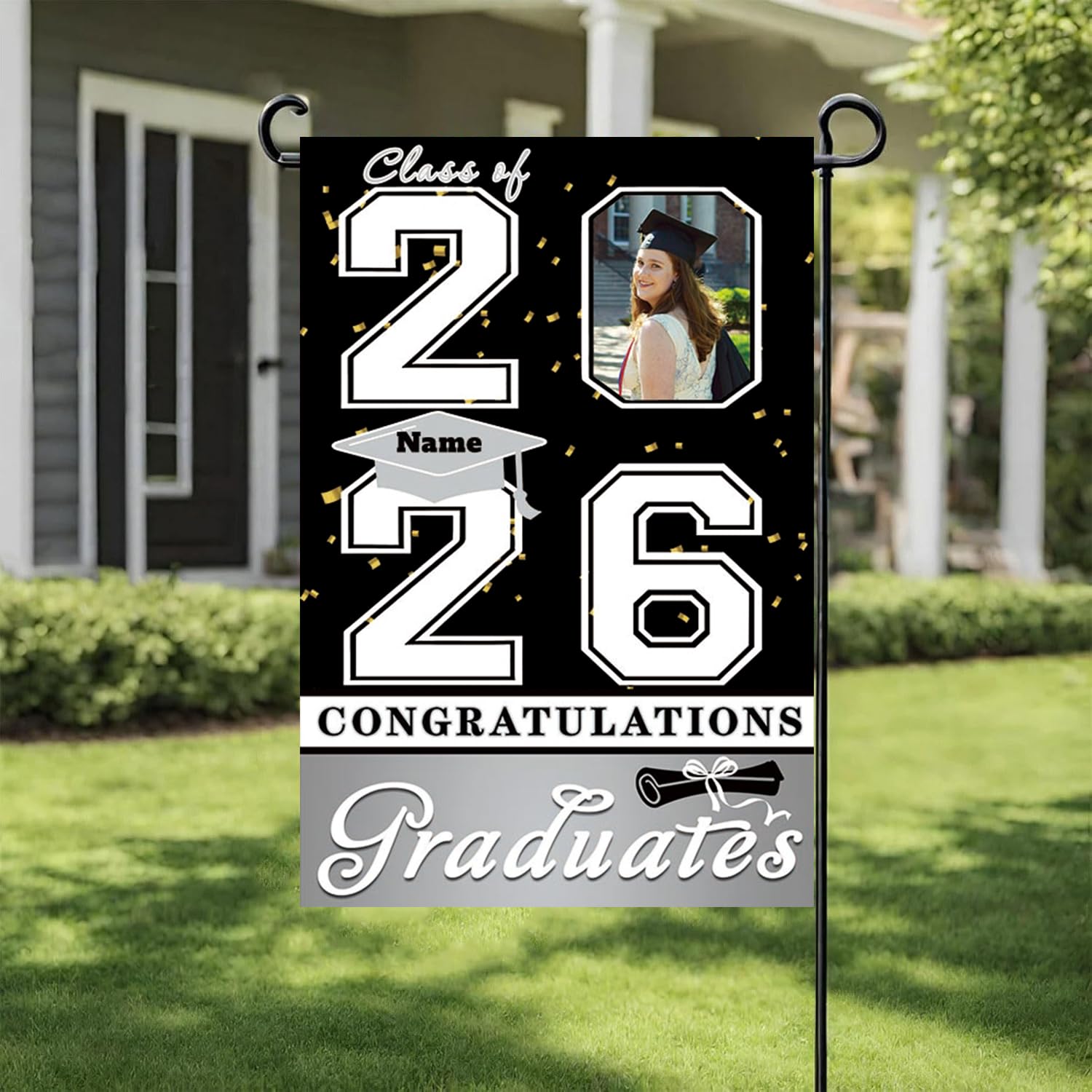 Dicodes Personalized Graduation Garden Flag 2026 Congratulation Grad Yard Sign Outdoor Home Flag for Graduation Party Ceremony(Black and Silver)
