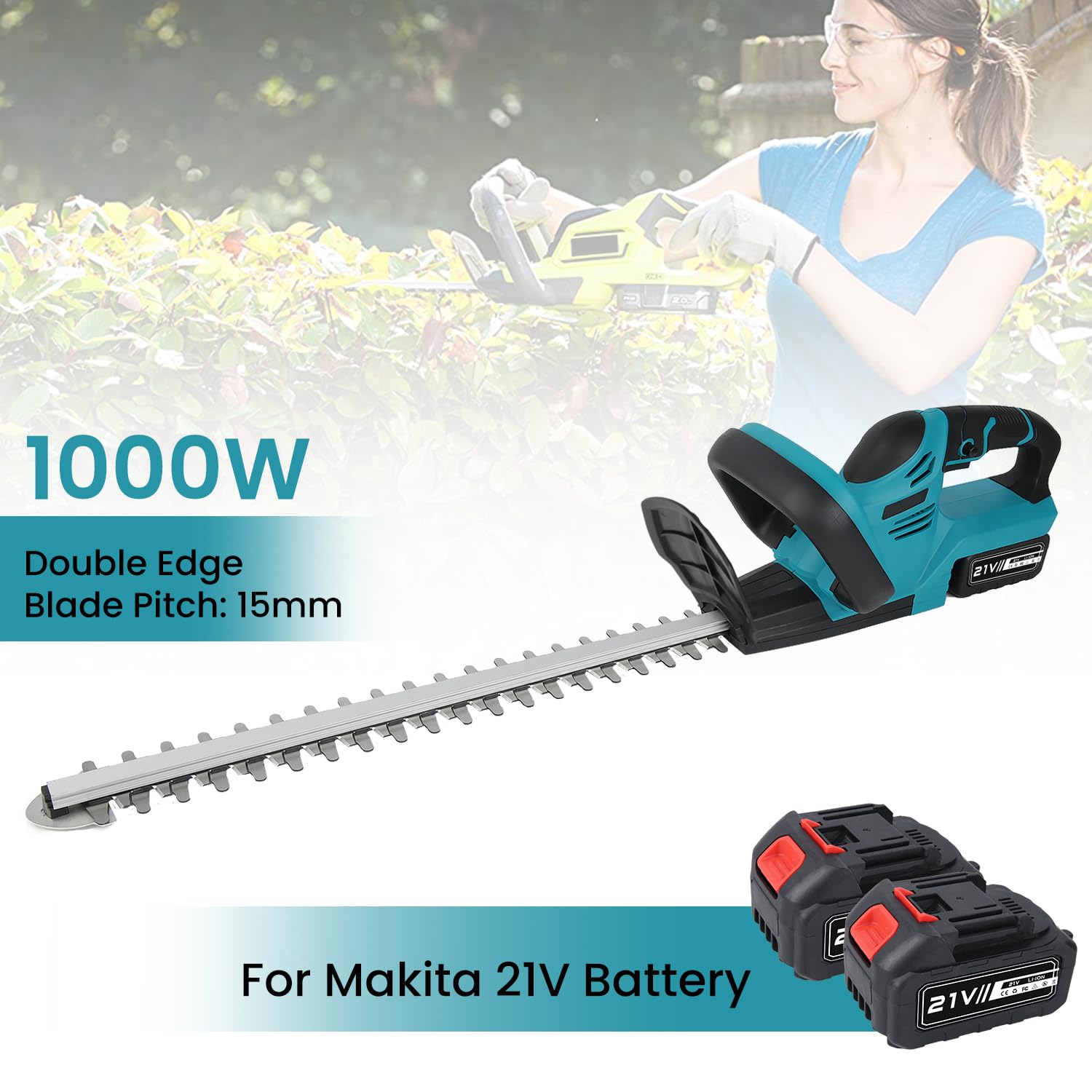 Taille Haie sans Fil 21V 1000W avec Batteries 6,0 Ah, Lame Double Action 52 cm, Écartement 15 mm