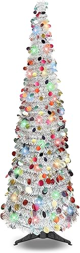 Árbol de Navidad desplegable, árbol de Navidad artificial plegable de 5 pies con 90 luces LED, árbol de Navidad pequeño de oropel para el hogar,