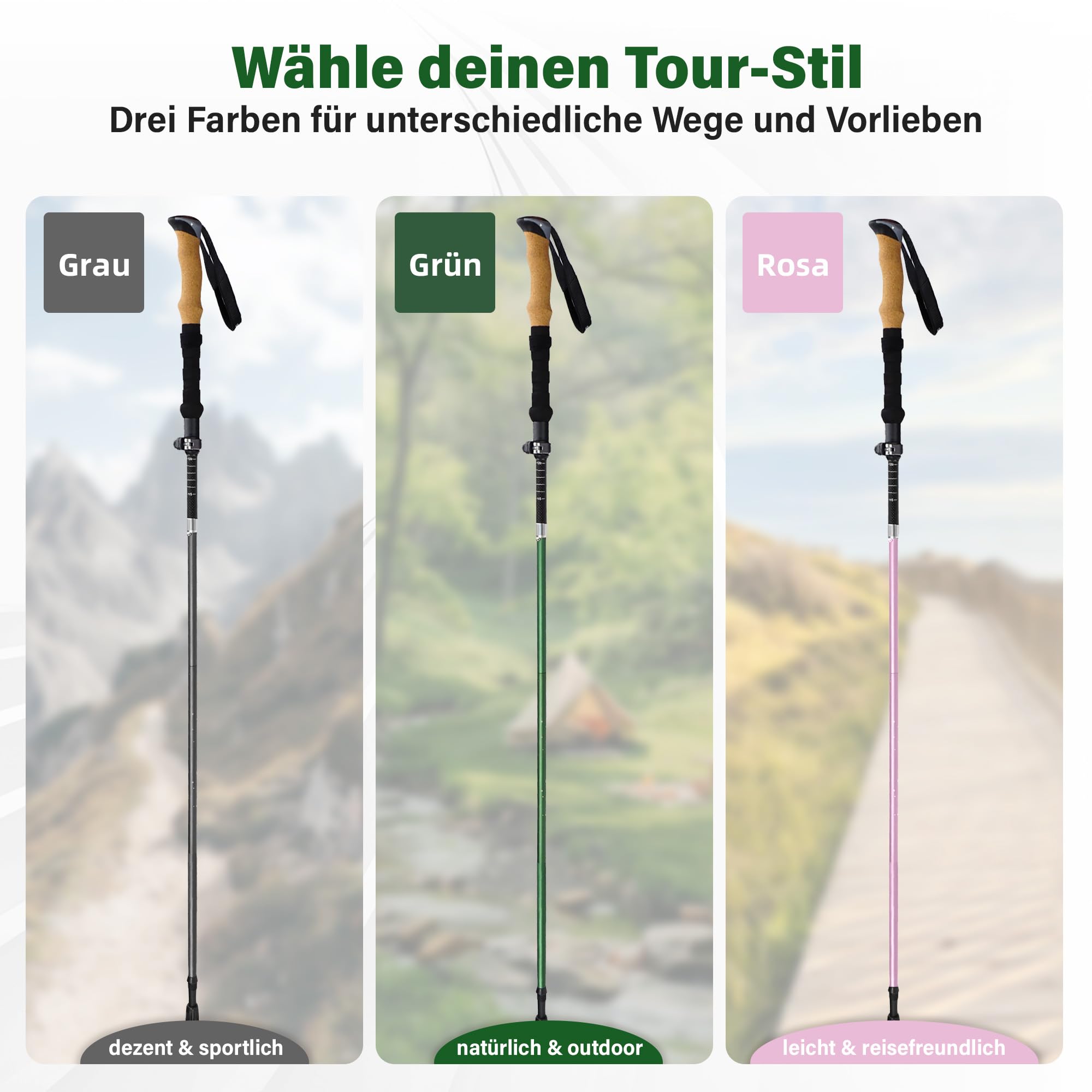 Wanderstöcke faltbar 2er Set, 35 cm, 3K Carbon-Alu | 35 cm Faltmaß; 110–135 cm; 3K Carbon + 7050 Alu; Kork + EVA; Grau für Trekking & Bergwege