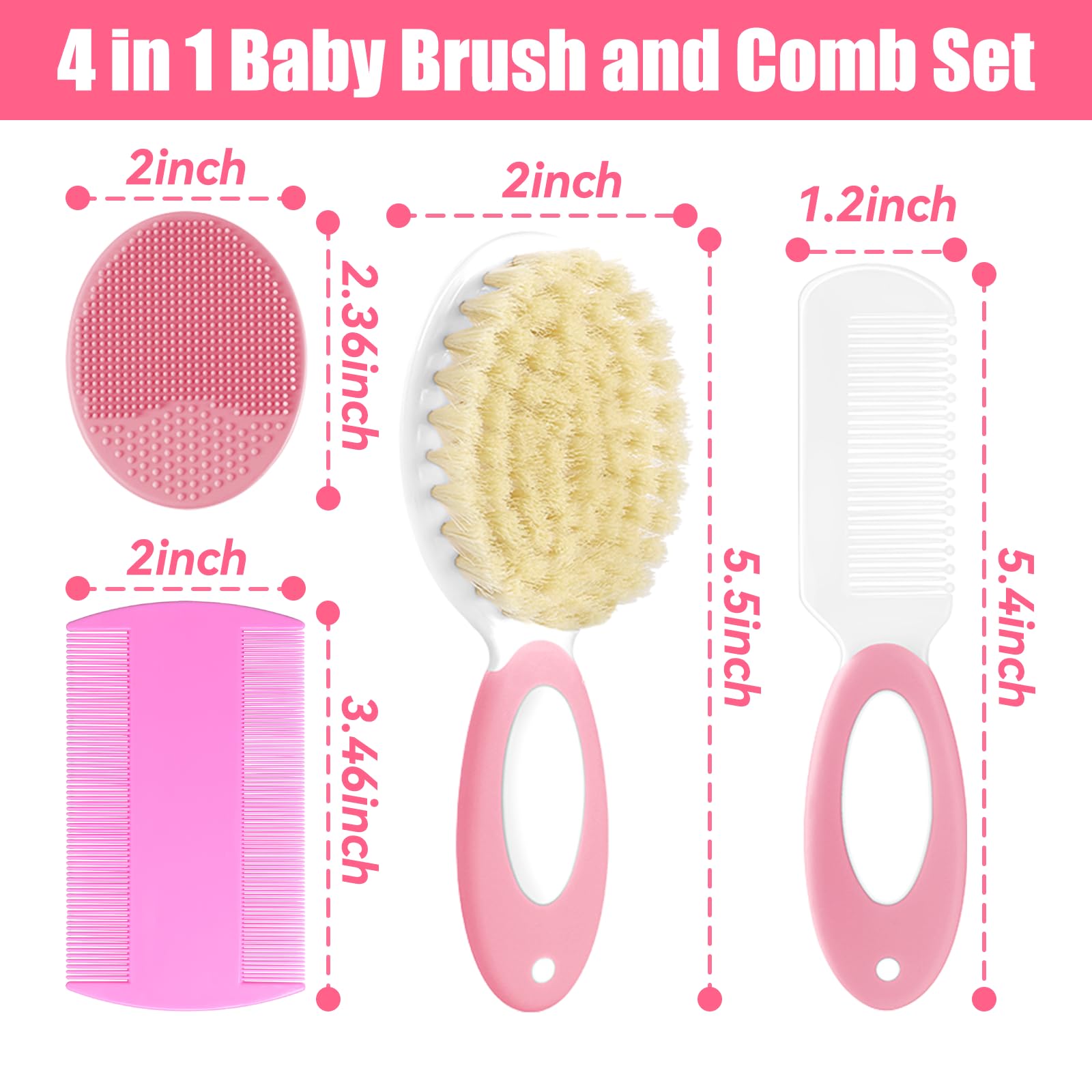 Baby Hair Brush and Comb Set, 4Pcs Baby Soft Bristles Brush Cradle Cap Brush Hair Comb for Newborns Toddlers Boys Girls (Pink)