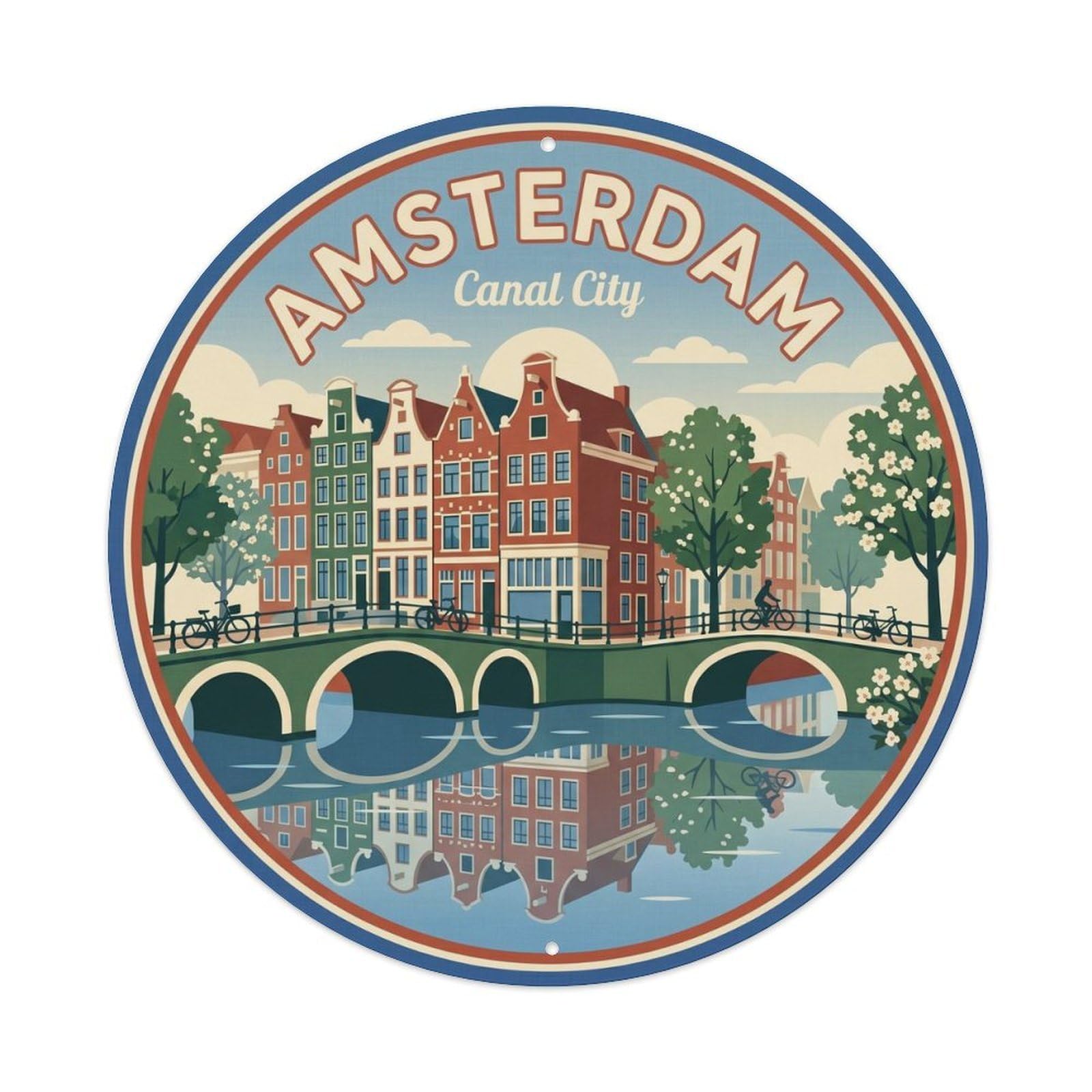 Amsterdam Canal City Netherlands Retro Travel Cartography Metal Tin Sign Plaque Wall Decor for Cafe, Man Cave, Club Bar, Office, Home Garden Round Metal Poster 8x8Inch