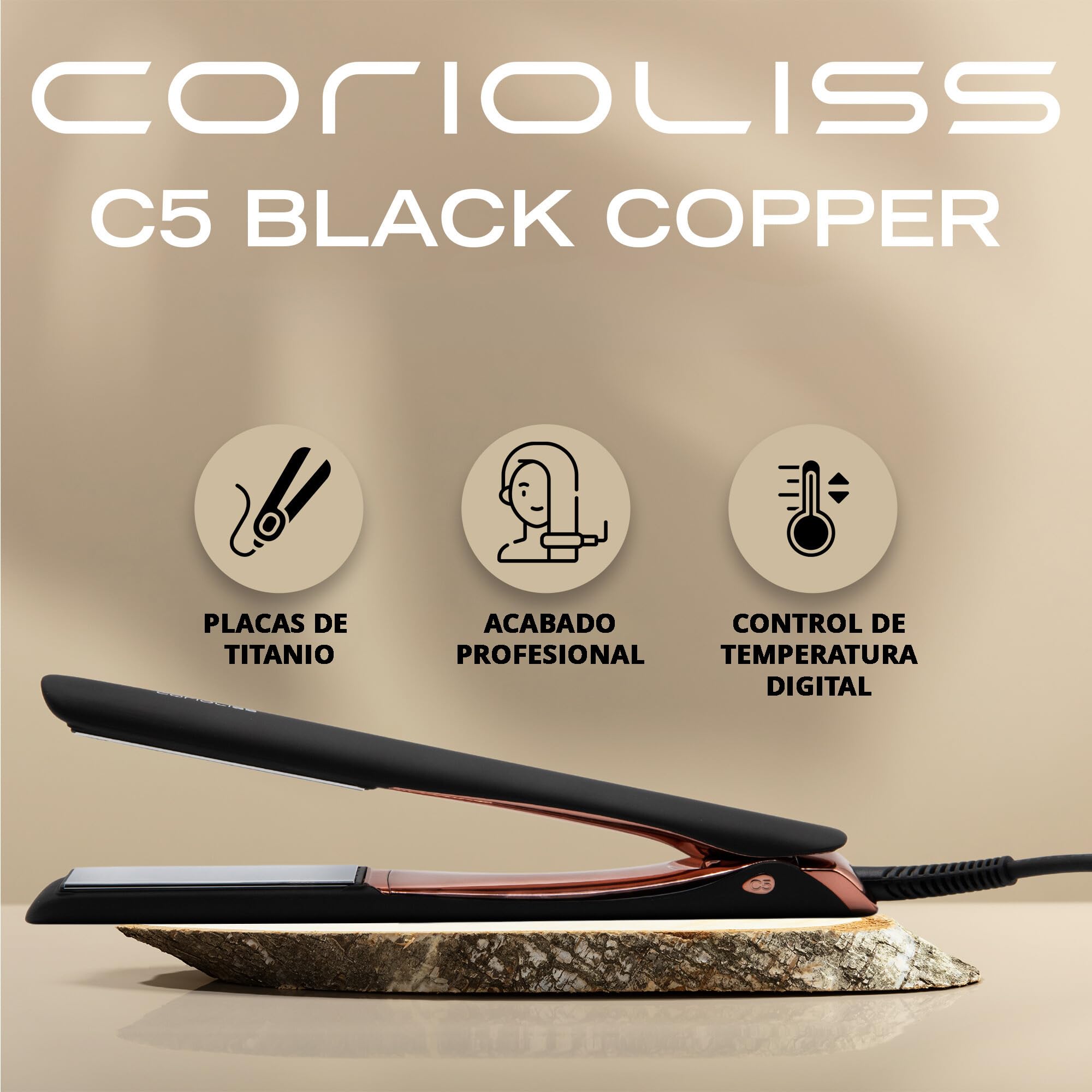 Corioliss C5 | Plancha del Pelo Profesional | Placas de Titanio | Alisado y Ondas | Temperatura Ajustable 80º-235º | Iónica | Apagado Automático Programable | Con Funda de Viaje | Black Copper