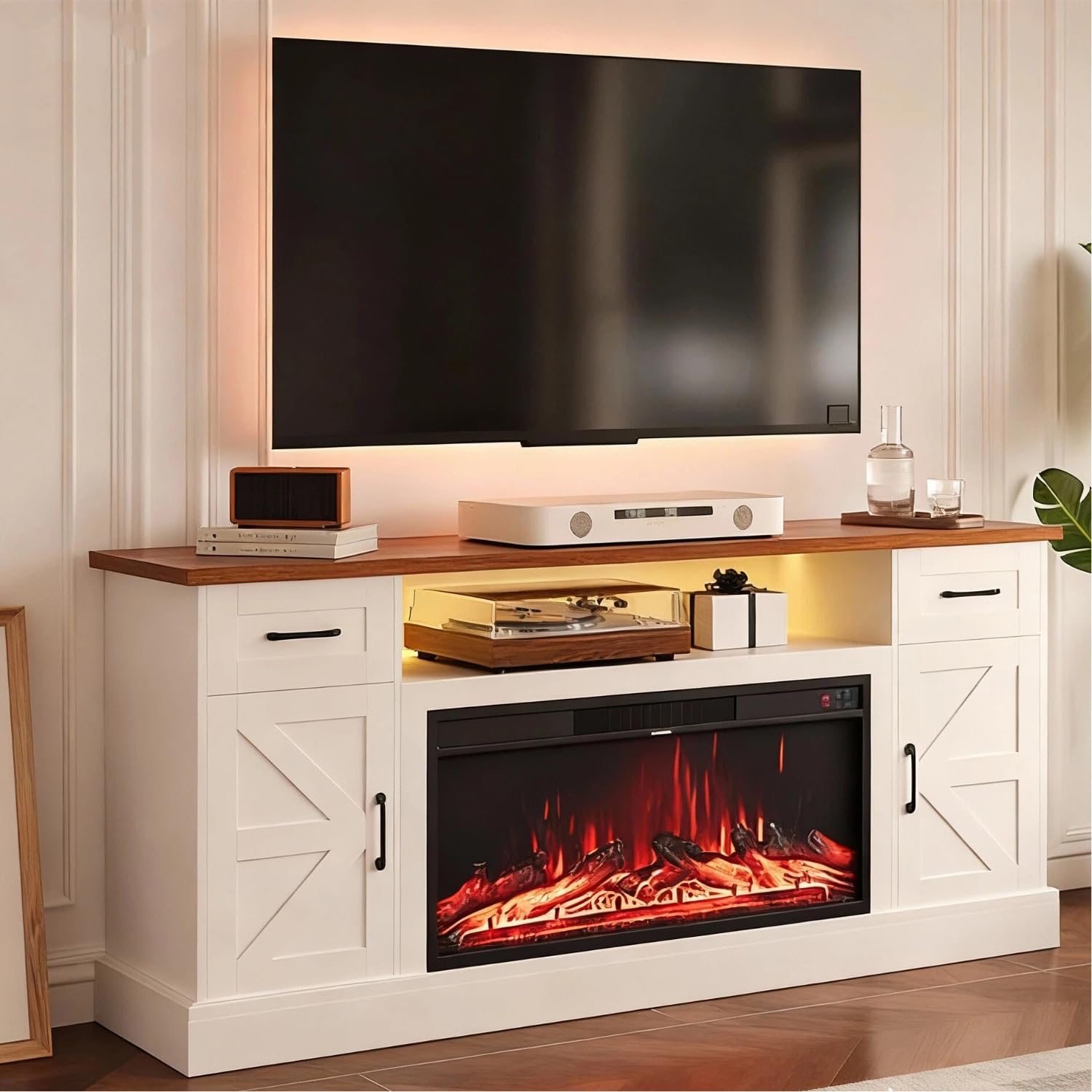 Farmhouse Fireplace TV Stand for up to 80 Inch TV, 70" Entertainment Center with Electric Fireplace &amp; LED Strip, Fluted TV Consoles with Large Storage for Living Room (Farmhouse (White))