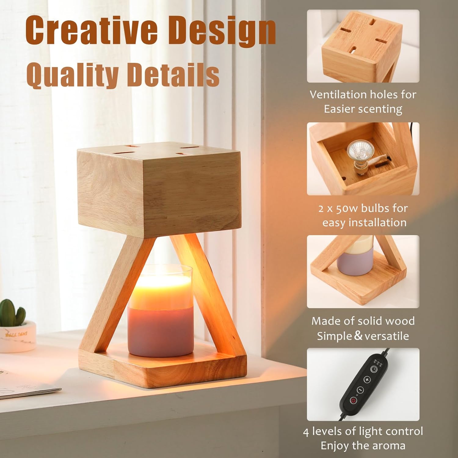 IN HAPPY Candle Warmer Lamp with Timer,Bedroom Home Decor Dimmable Wax Melt Warmer for Scented Wax with 2Pcs 50w Bulbs,Perfect for Jar Candles,Birthday Gifts for Women Mom Wood