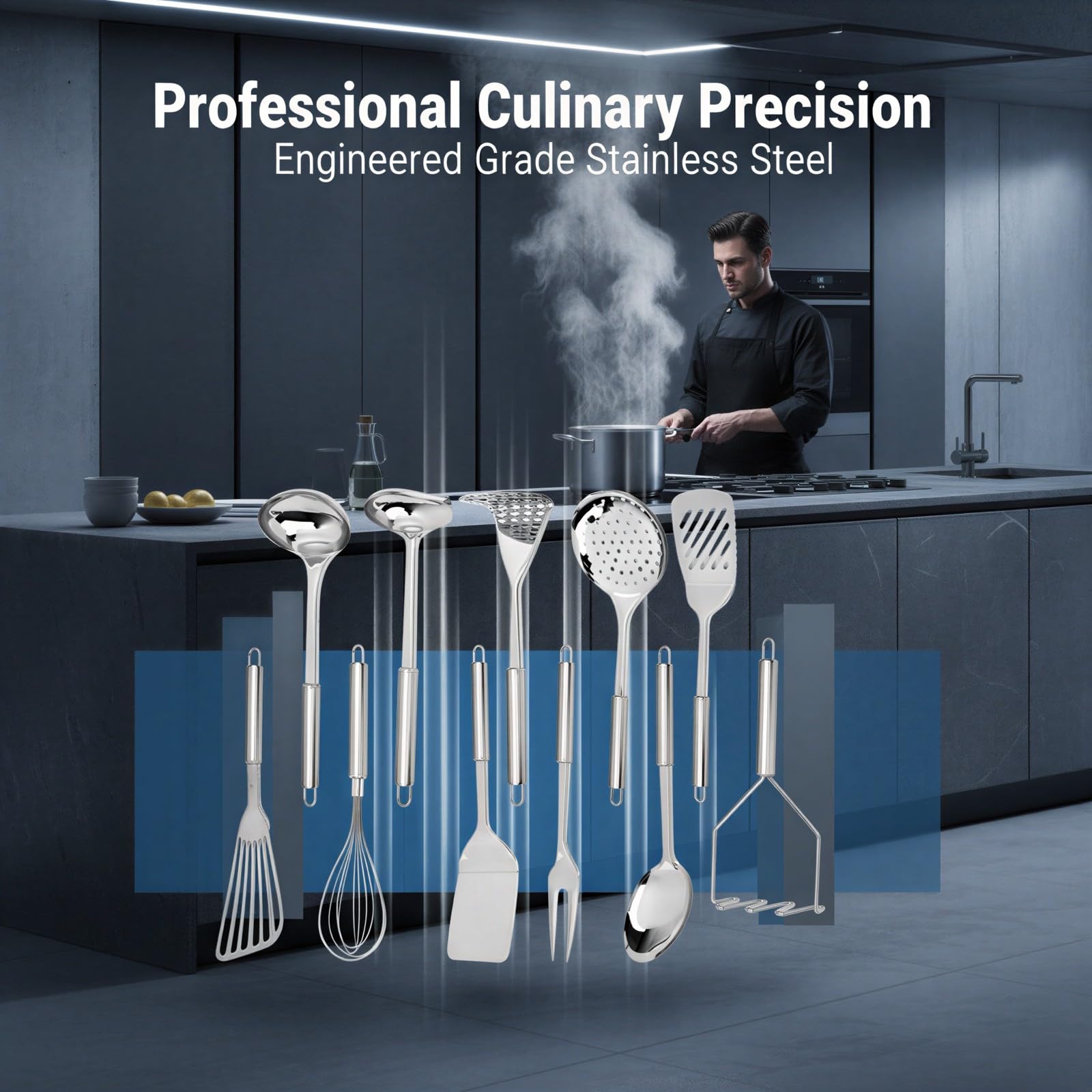 Lot de 11 ustensiles de cuisine en acier inoxydable, accessoires métalliques polyvalents, écumoire, presse-purée double, séparateur de résidus et fouet, pour friture, cuisson et préparation