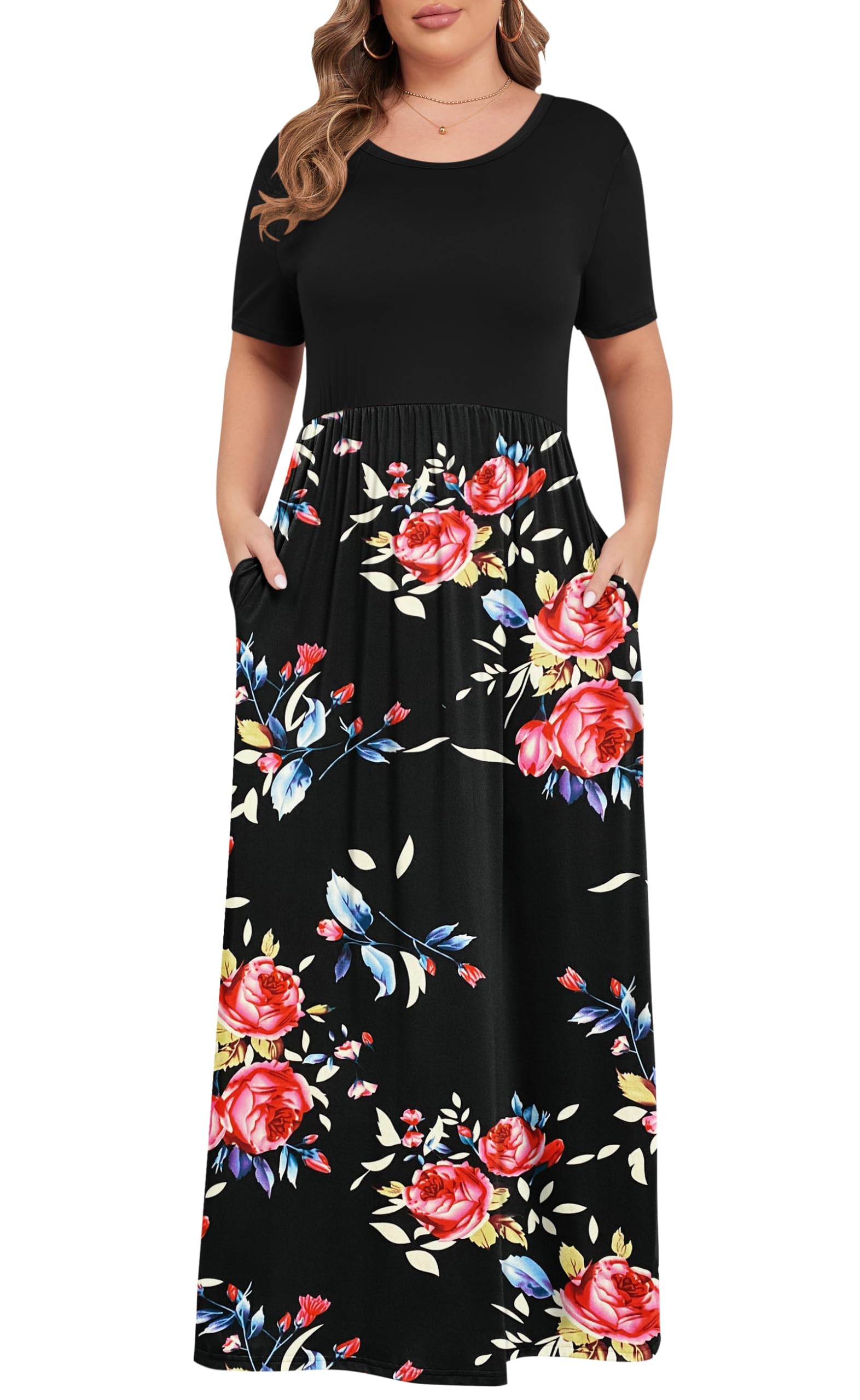 KARALIN Women Plus Size Maxi Dress Short Sleeve Round Neck Loose Fit A-Line