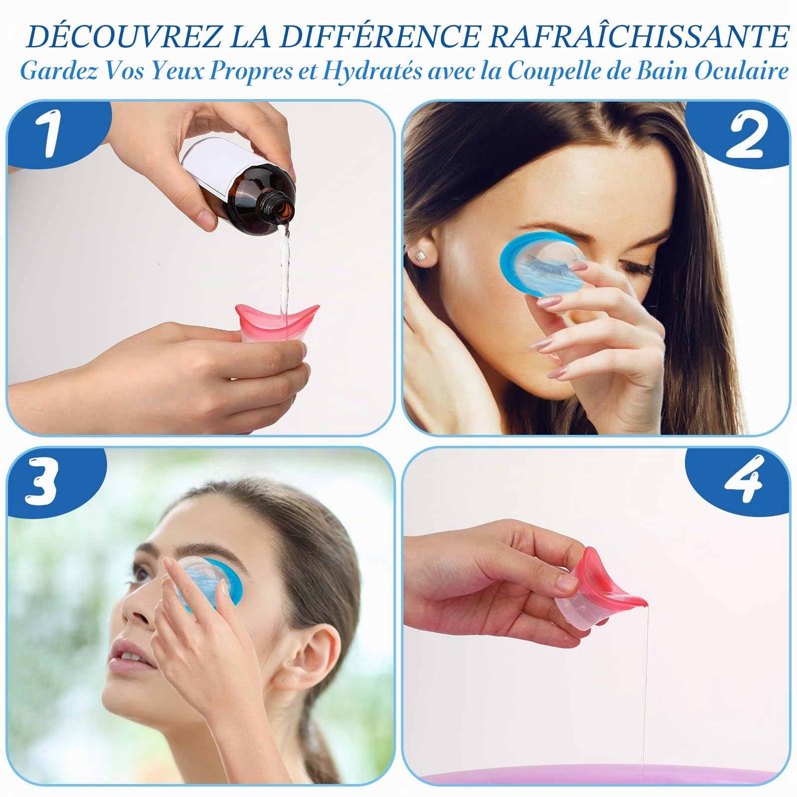 Lot de 4 tasses de bain en silicone de 10 ml pour oeil - Douces - Réutilisables - Baignoire portable - Nettoyage - Outil pour oeil - Pour apaiser la fatigue, rose, bleu