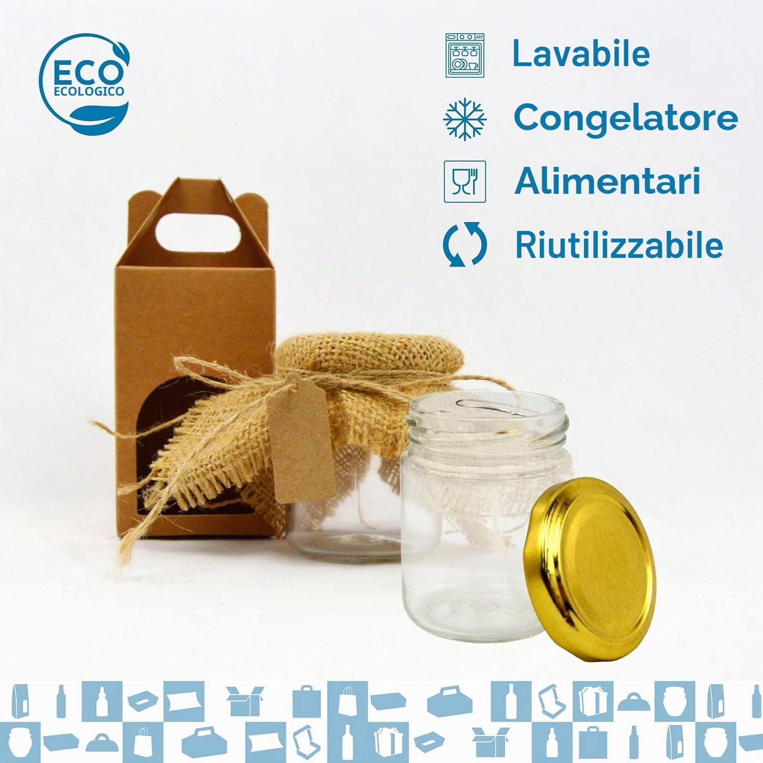 Espirito Rebelde Confezione da 20 barattoli vuoti in vetro da 100 ml con coperchio, 20 scatole, tessuto, spago di iuta e 20 etichette kraft, per marmellate, conserve, miele