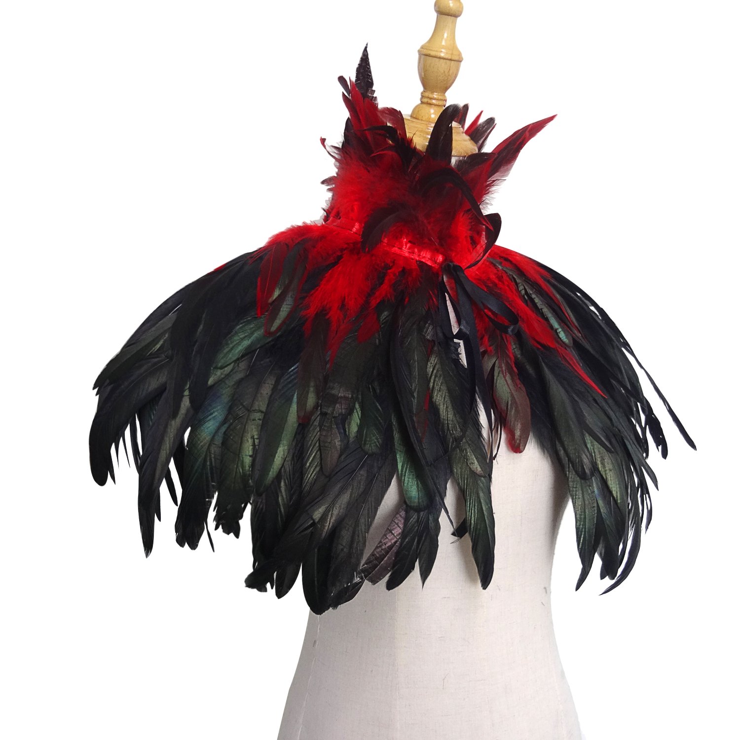 keland Poncho encapuchado gótico victoriano natural del cabo del mantón de las plumas con el collar de la gargantilla negro (rojo)
