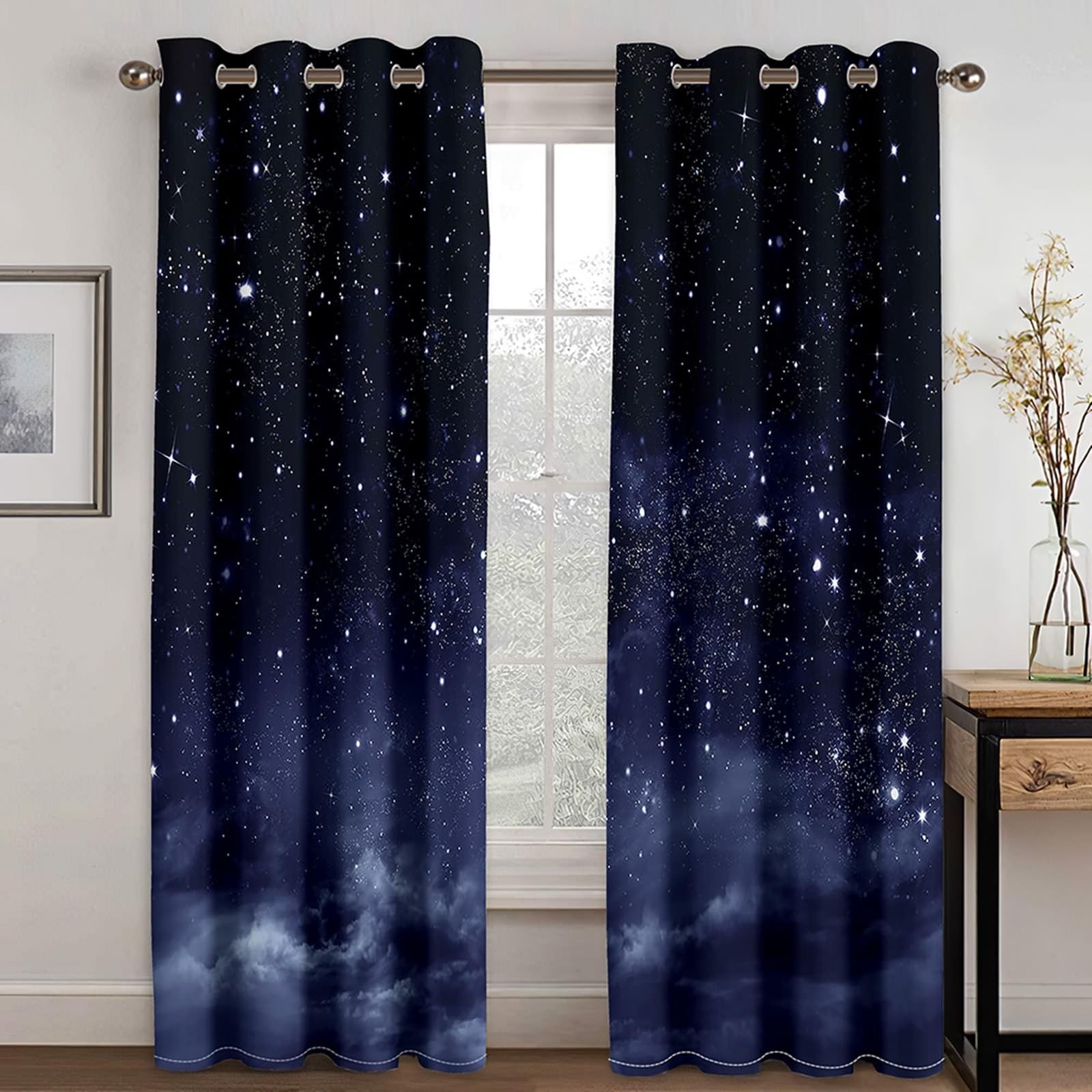 Cortinas de salón opacas para interiores, 2 unidades, cortina elegante para ventana con ollaos, paisaje de nubes y cielo estrellado, cortinas para dormitorio, 234 x 274 cm (ancho x alto), azul