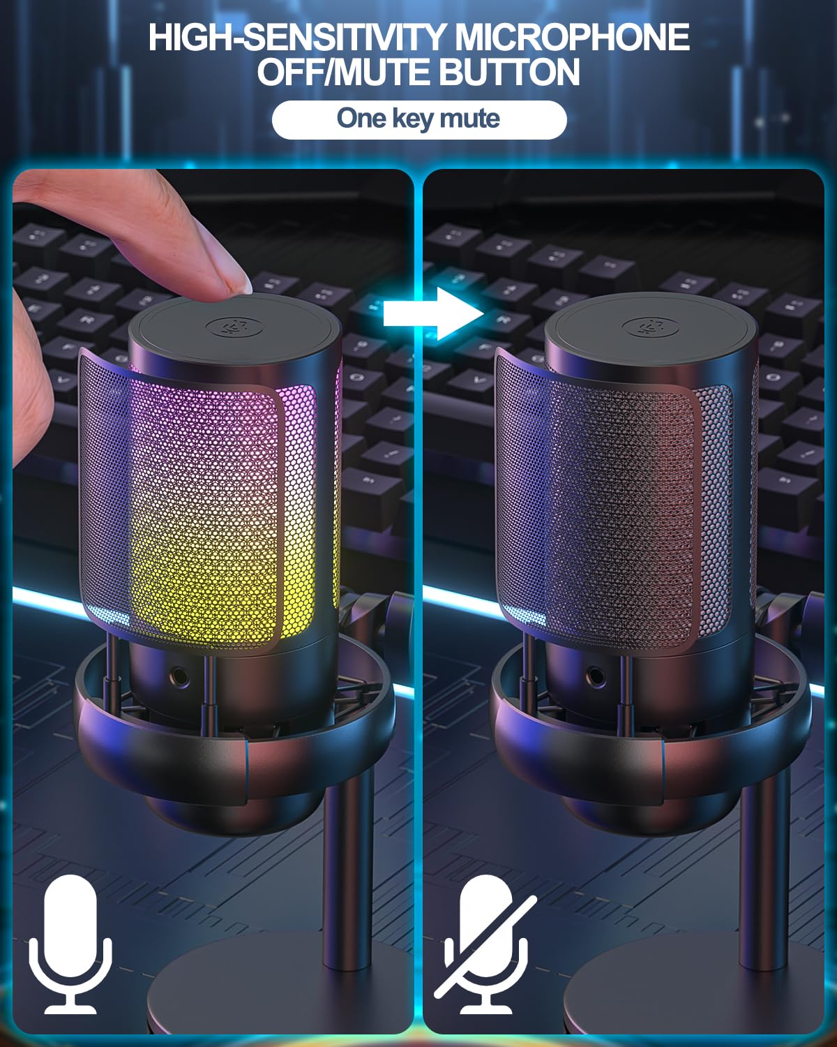 Anykuu USB Gaming Mikrofon 192kHZ/24bit Plug&Play Kondensator Microphone mit 1,5 m USB-C-Kabel Kompatibel mit PS4/5 PC RGB-Licht Anti-Verzerrung PC Mikrofon für Gaming Streaming Studio