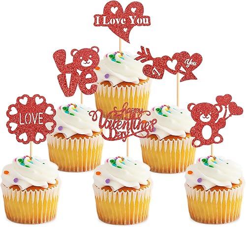 Keaziu XOXO - Paquete de 24 adornos para cupcakes para el día de San Valentín beso me amo ti púas de magdalenas rojas corazón de auto regalo para