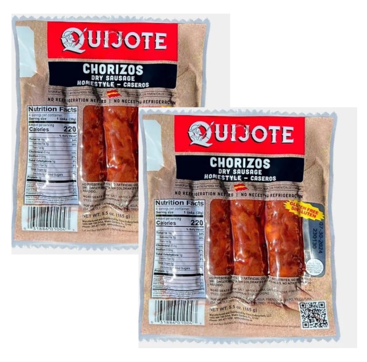 Chorizos Quijote. 4 chorizos per pack. 5.5 oz 2 packs Total 8 chorizos
