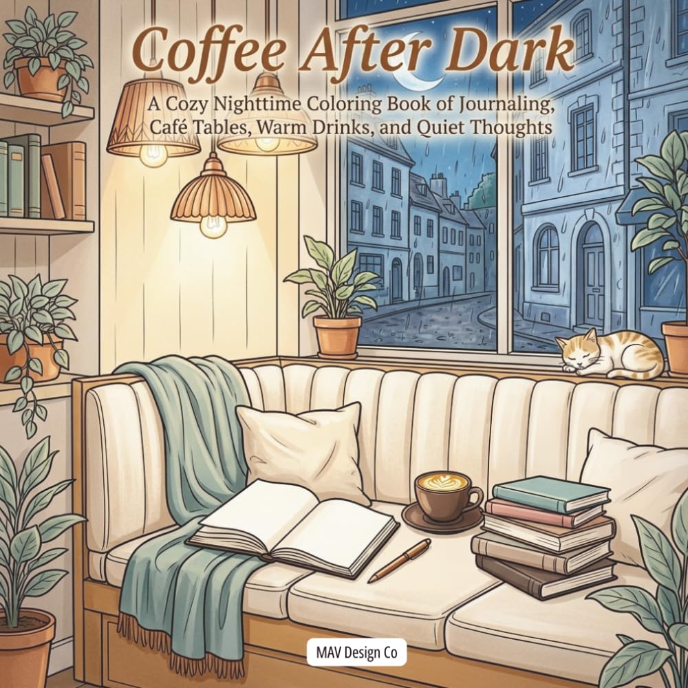 Coffee Before Dark: A Cozy Nighttime Coloring Book of Journaling, Café Tables, Warm Drinks, and Quiet Thoughts