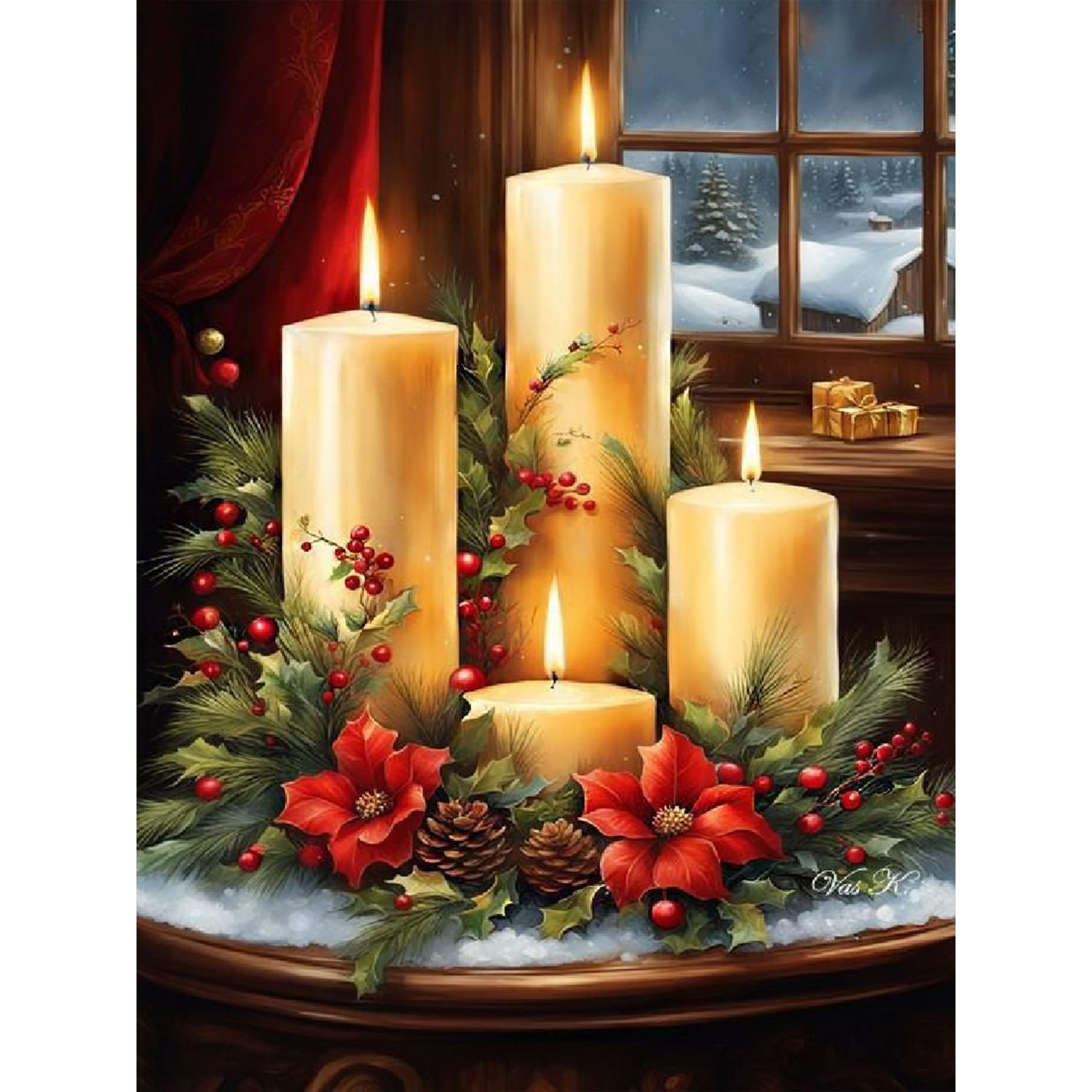 Bowetile Christmas Candles Diamond Painting Art Kits for Adults, 5D Diamond Art, Full Drill Painting Rhinestone Embroidery Pictures for Beginners,Gem Arts Crafts for Home Wall Decor30x40cm