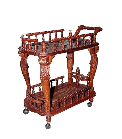 Wooden Bazaar Bar Serving Cart Table Serving Trolley for Home & Kitchen with Wine Rack Food Service Trolley Brown Lion Pillars