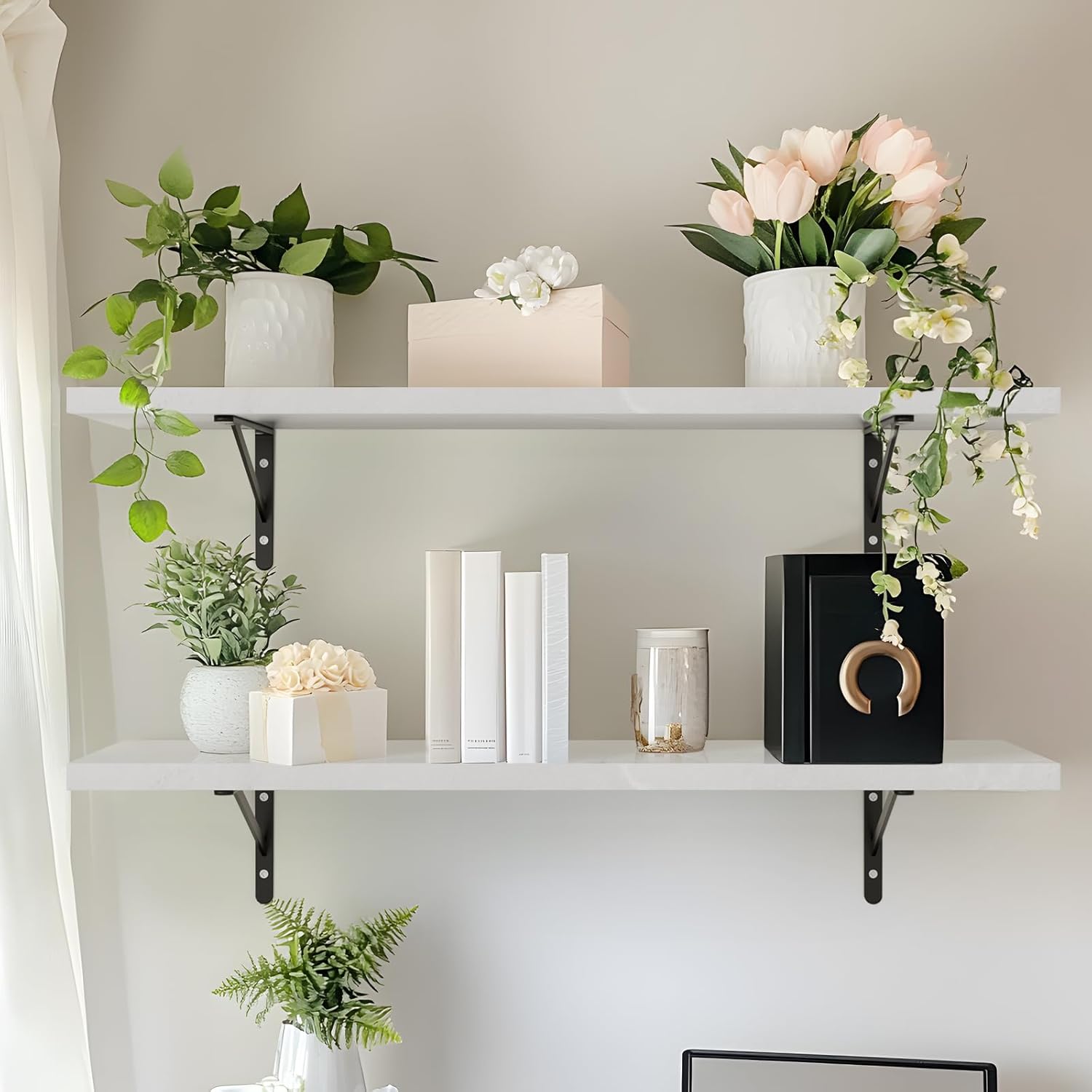 kaboon 36 inch long 10 inch deep floating shelves for wall set of 2, large open shelves wall mounted, space saving home and commercial use, white rock 36" x 10" white rock