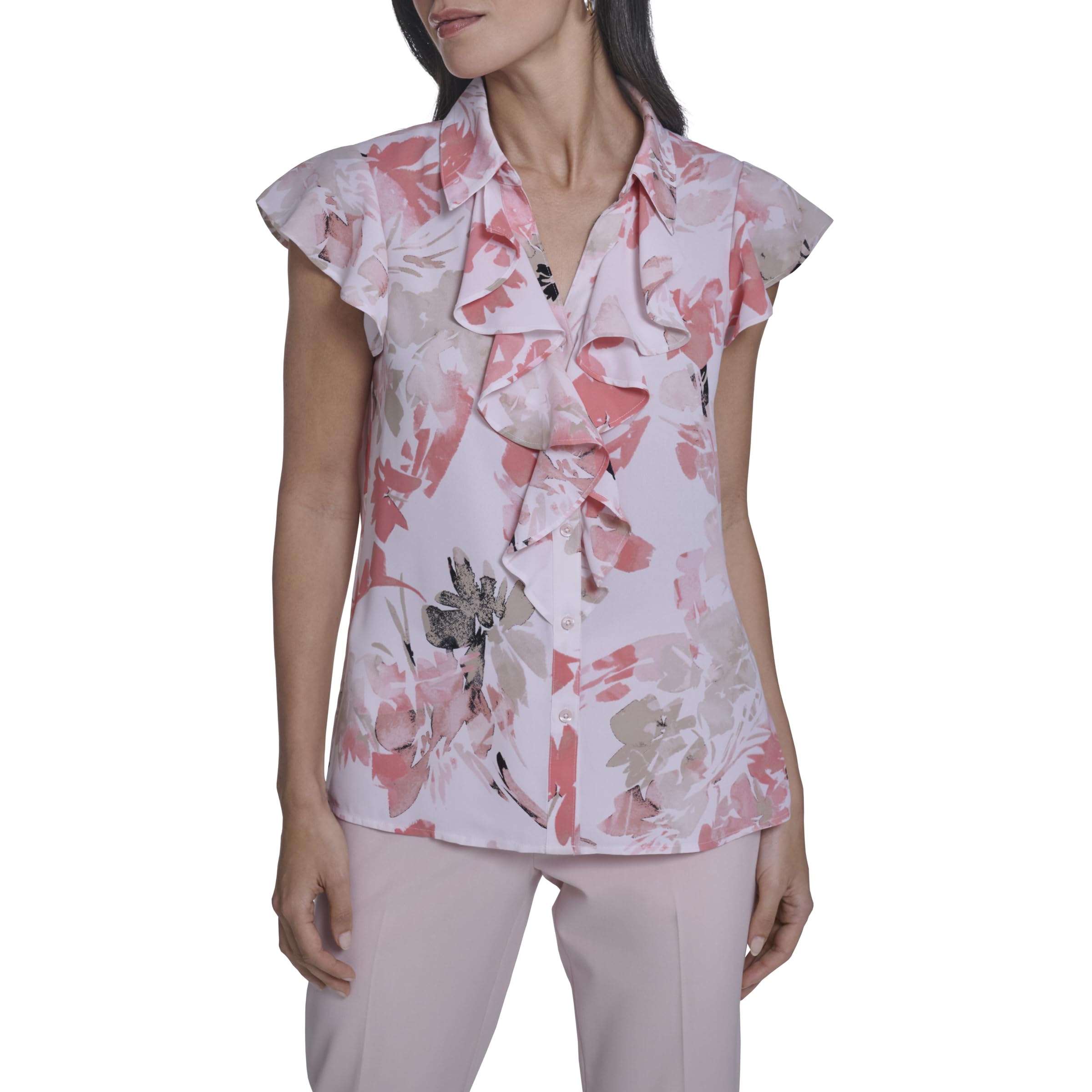 Calvin Klein Damen Cap Sleeve Ruffle Front Blouse Bluse mit Flügelärmeln und Rüschen (1er Pack)