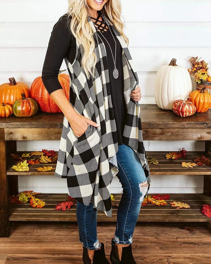 Ivay Womens Plaid Open Front Sweaters Sleeveless Duster Cardigans Drape Lightweight Vest Coat with Pockets - Image 2