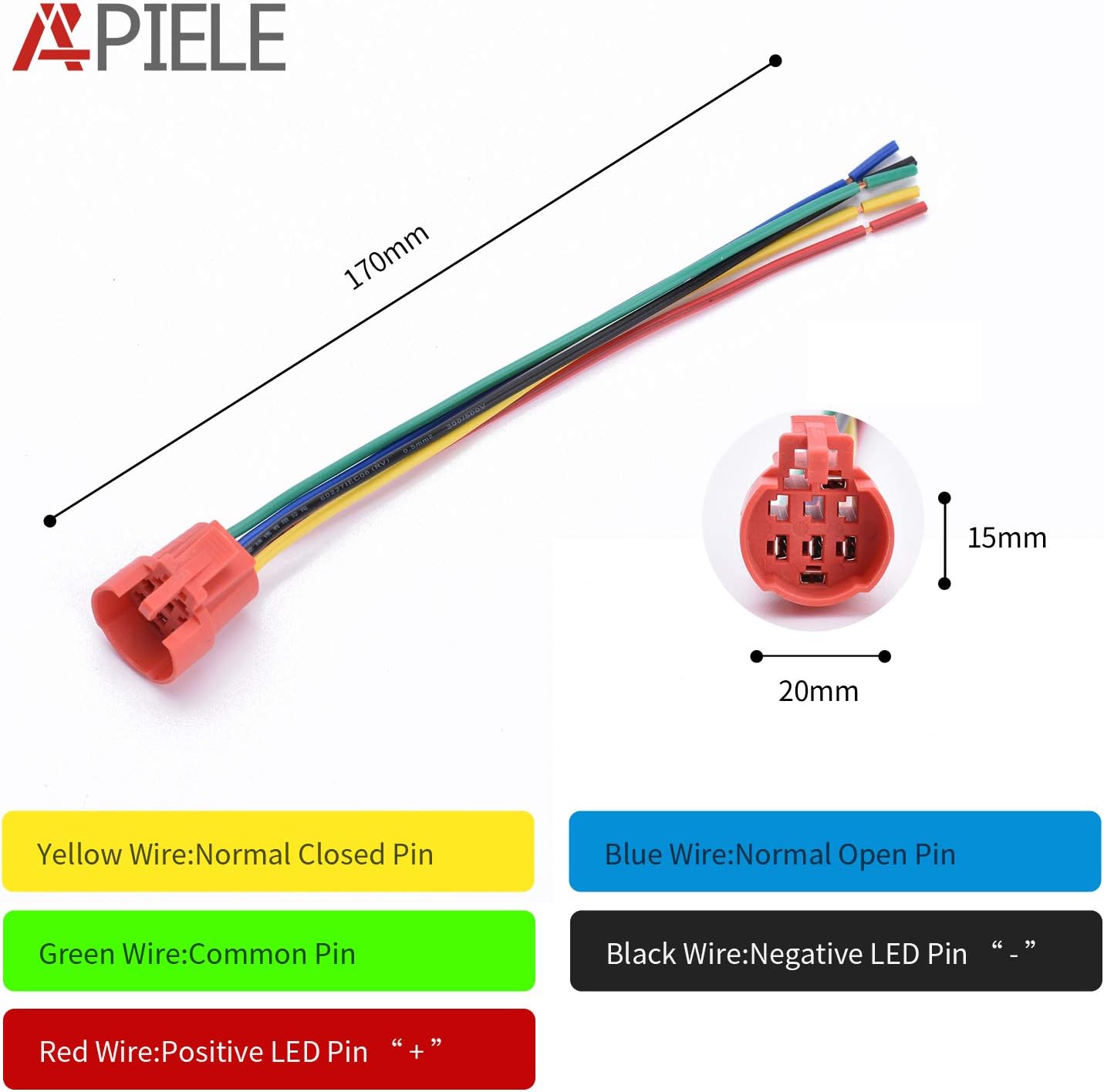Wiring diagram for the APIELE 19mm Momentary Push Button Switch showing wire colors and functions