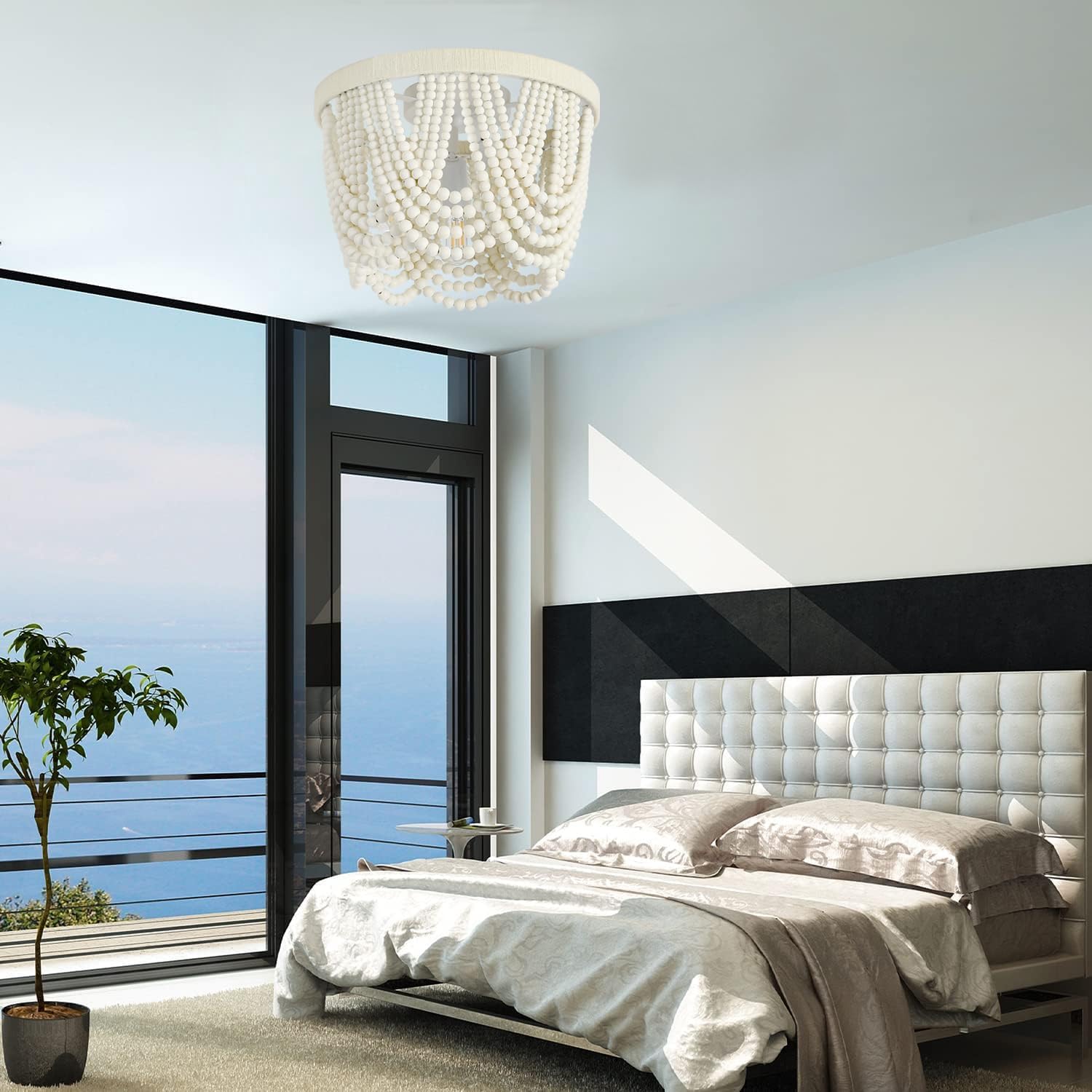 2 Pack Boho Wood Beaded Chandelier,LED Flush Mount Ceiling Light,Farmhouse Rustic White Hemp Rope Chandeliers Fixture for Bedroom,Drawing Room,Kitchen, Entryway,Dining Room(3-Light)