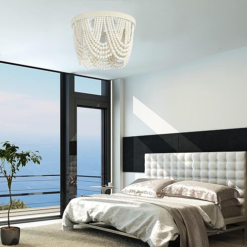 Miniatura 6 de Candelabro bohemio con cuentas de madera, lámpara de techo empotrada, lámpara de techo antigua de yute con cuentas de madera de granja, accesorio