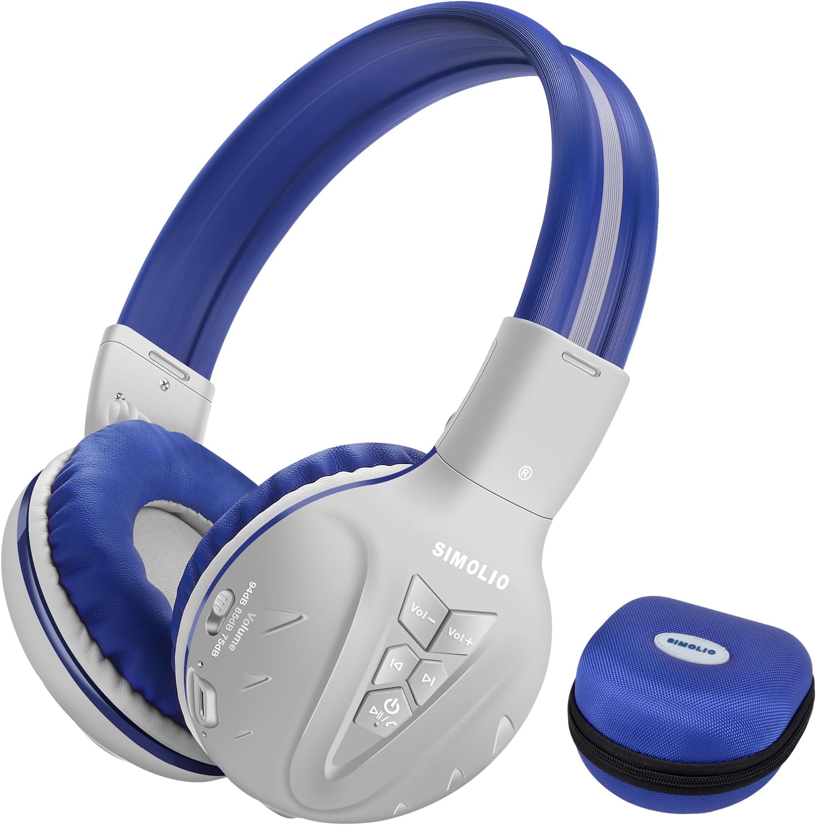 SIMOLIO Kids Bluetooth Headphones with 75/85/94dB Volume Limited, Childrens Headphones Wireless with Mic, Wireless Headsets for Girls Boys Teens with Hard Case for School, Travel, Car, Gift (Grey)