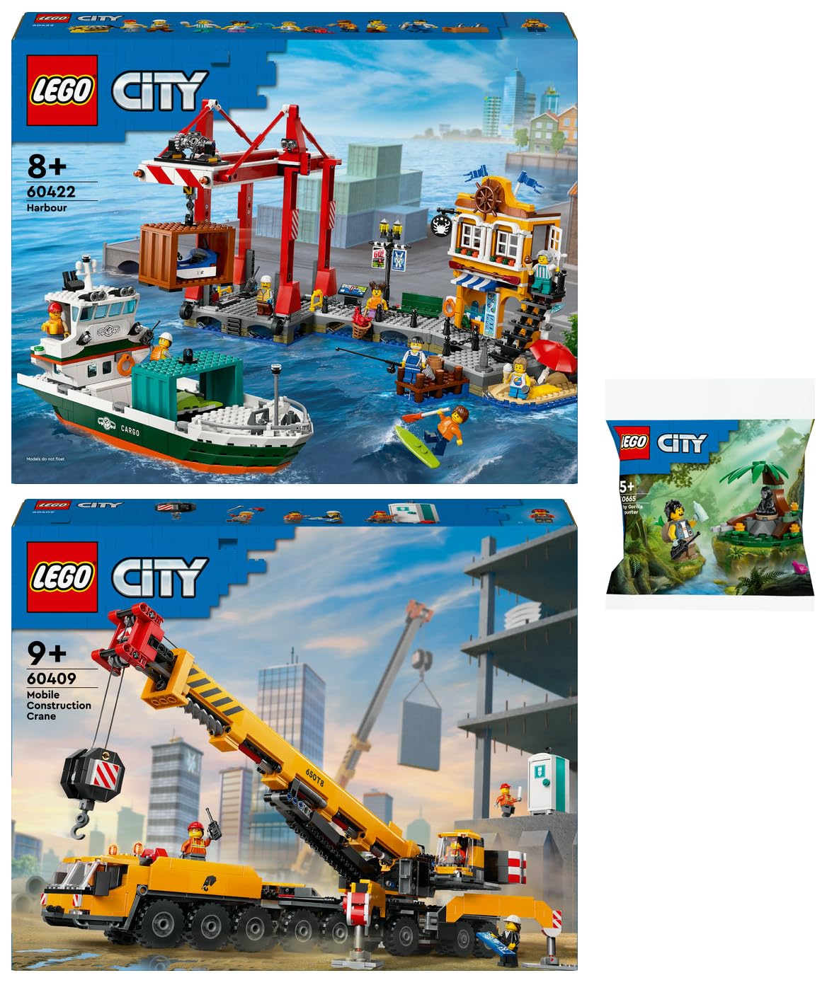 BRICKCOMPLETELego City Set: 60422 Port with Cargo Ship, 60409 Mobile Construction Crane & 30665 Jungle Explorer with Baby Gorilla