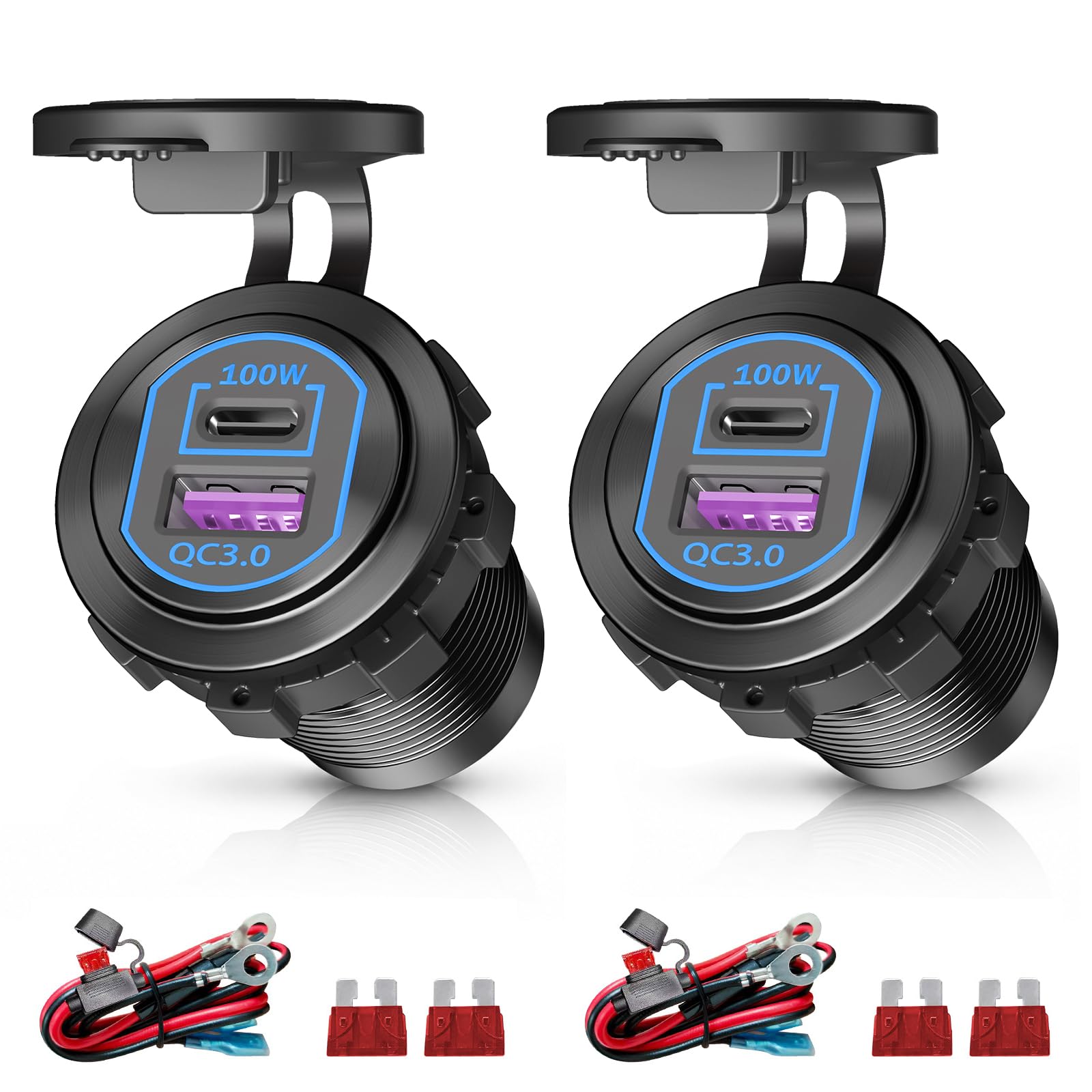 Enchufe USB C de 12 V, 100 W PD y 18 W QC, autocaravana, coche, enchufe USB