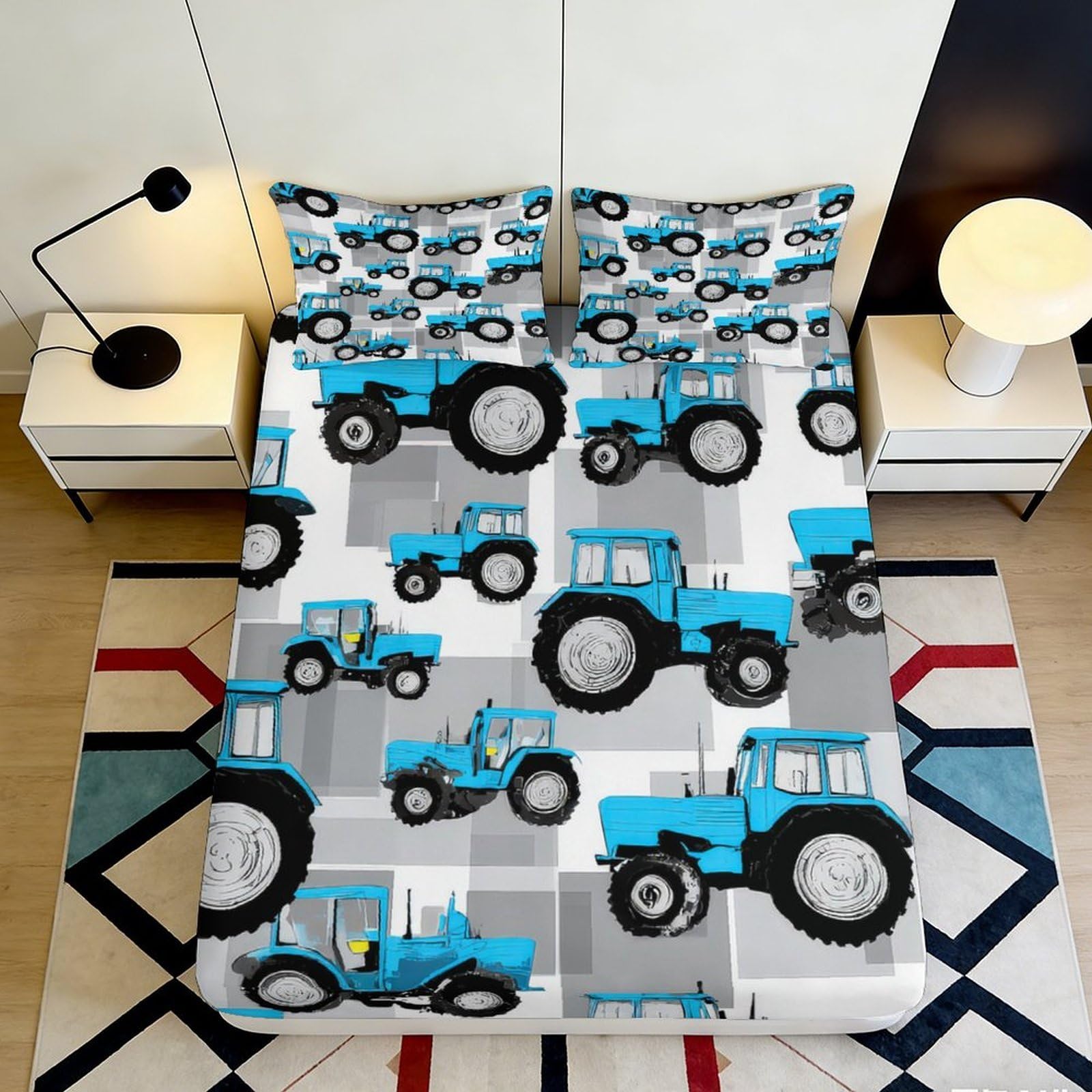 3D Printed Blue Tractor Fitted Sheet Microfiber Soft Anti-Slip Farm Vehicles Mattress Cover for Bedroom Dorm Easy Care 160x200x25cm