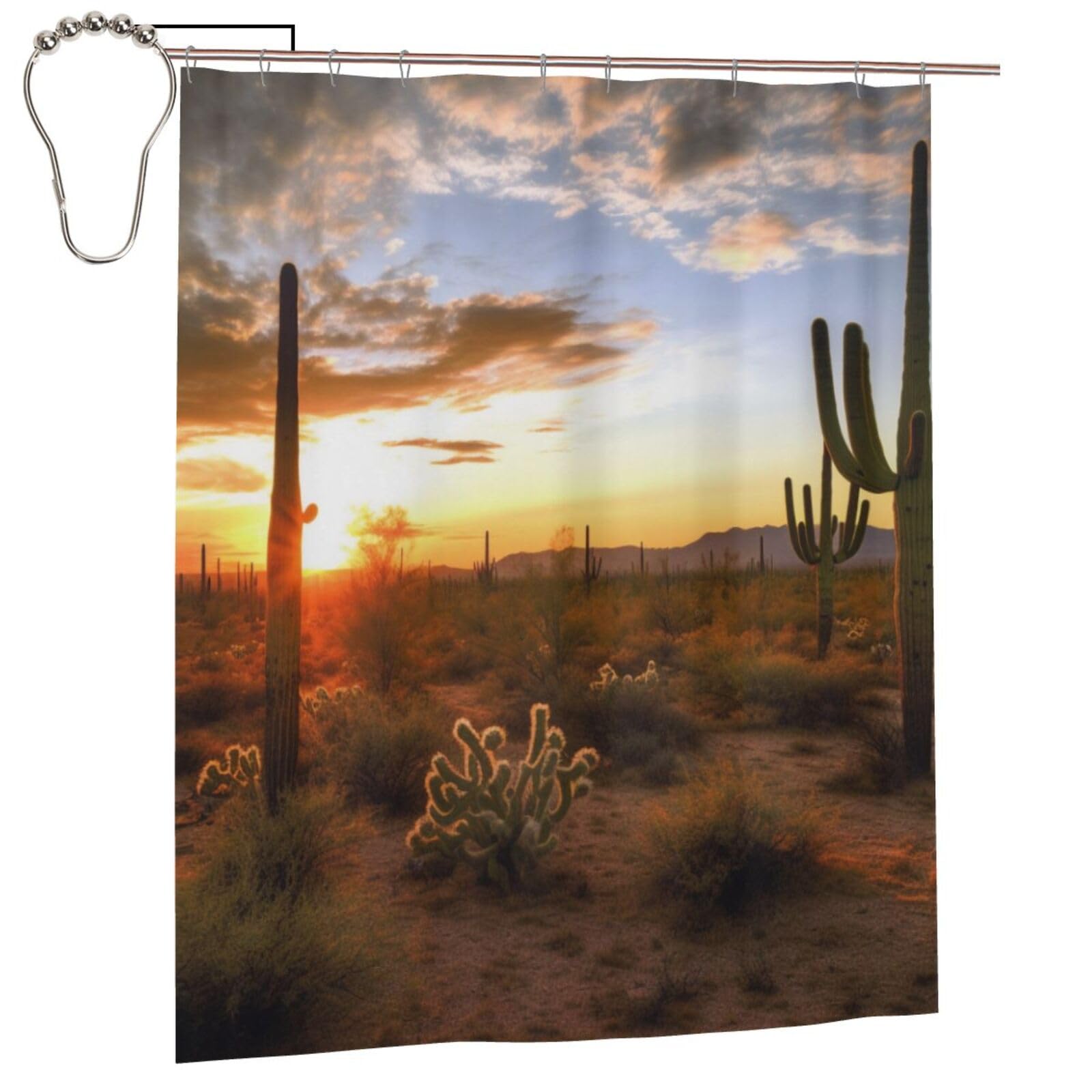 BWWHCCTI Saguaros at Sunset Printed Shower Curtain With 12 Iron Hooks Opaque Quick Drying Waterproof Shower Curtains Sets For Bathroom 152x183 Cm