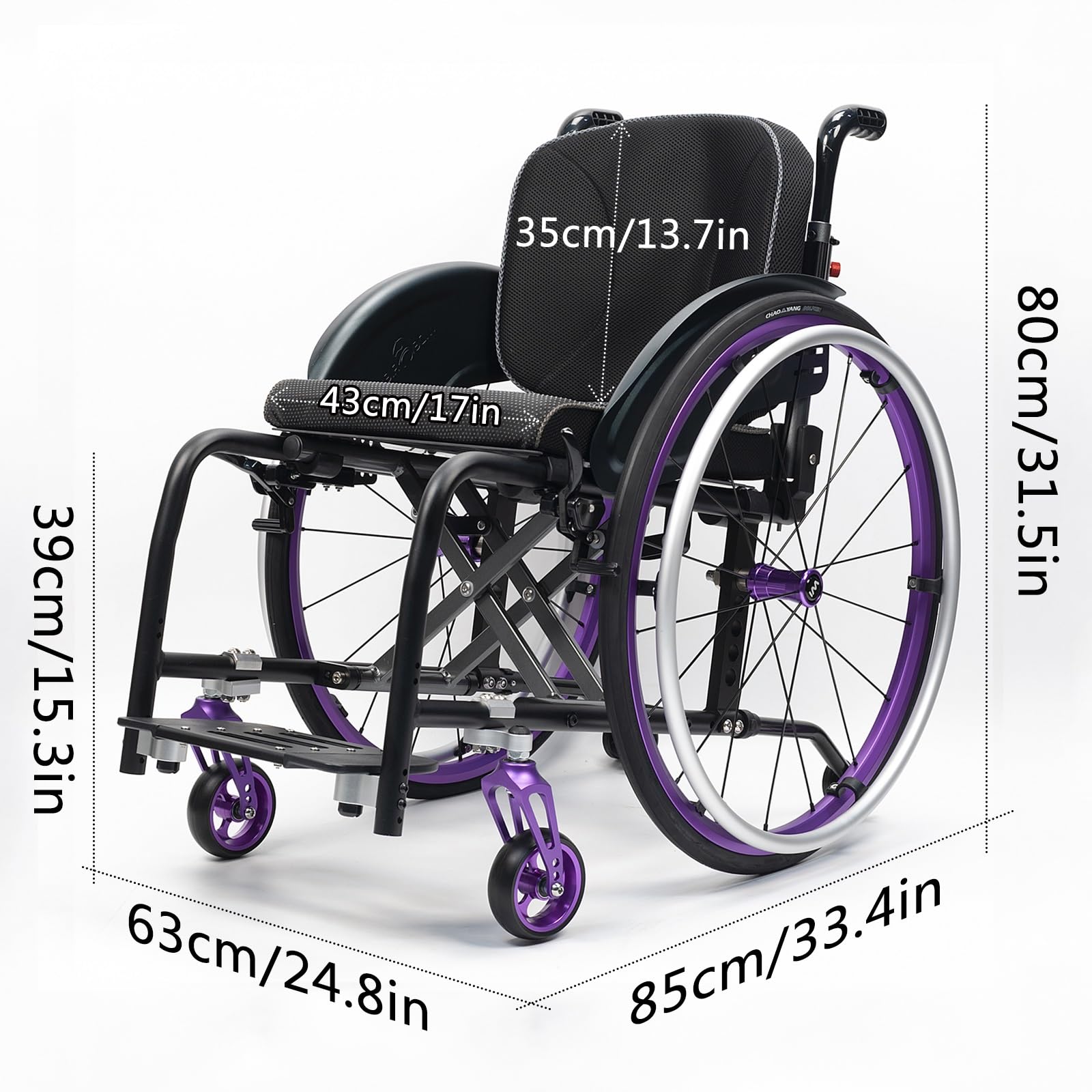 Silla de ruedas manual ligera, silla de ruedas deportiva ultraligera portátil todo terreno, silla de ruedas plegable, sillas de ruedas de transporte con antivuelco(Purple B,43cm/17in)