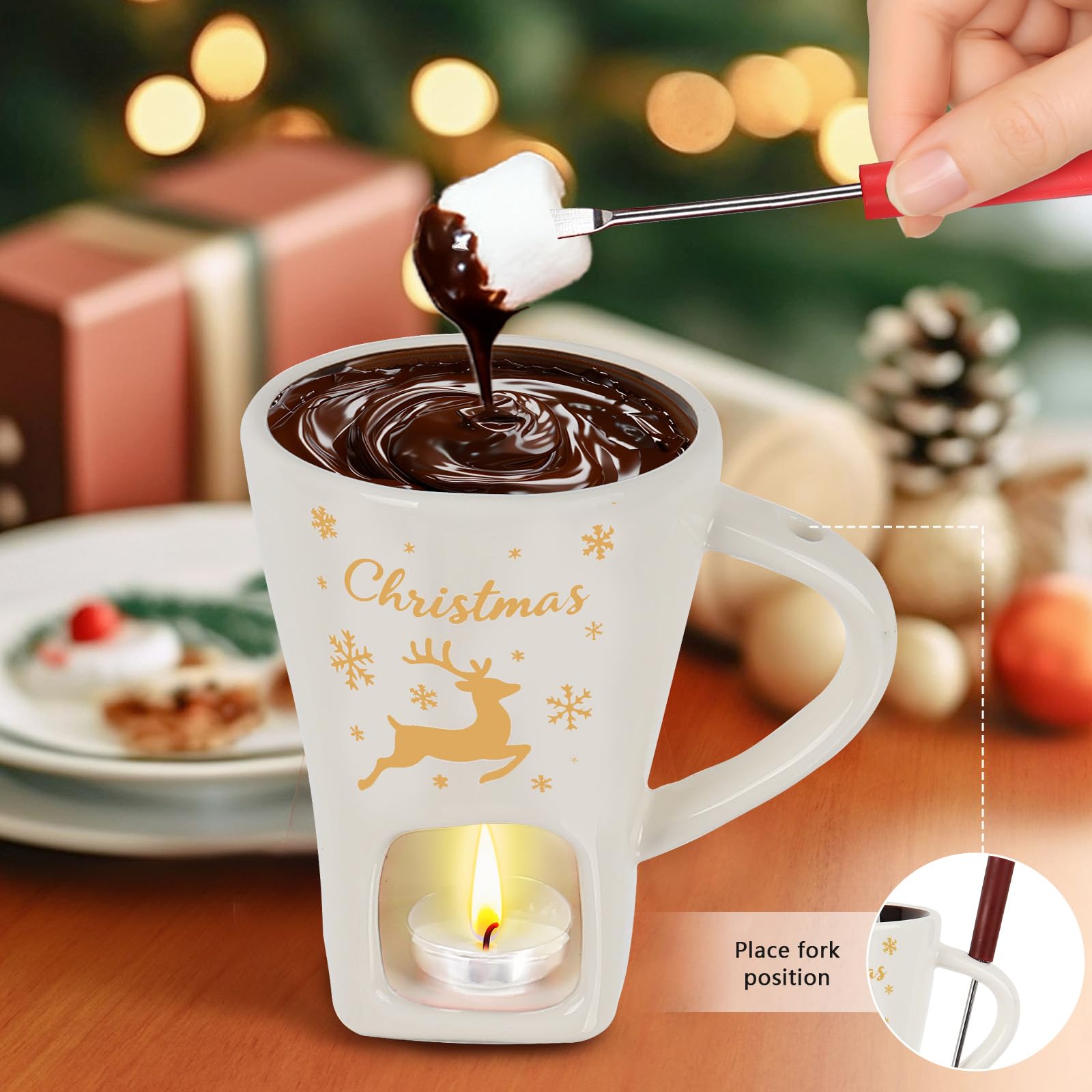 HANEVEAR 2 Pack Chocolate Fondue Mug, Mini Chocolate Melting Mug with 4 Forks and 4 Tealights, Ceramic Fondue Cup with Festive Holiday Pattern for Cheese, Butter - Birthday, Christmas, Wedding Gift - 5