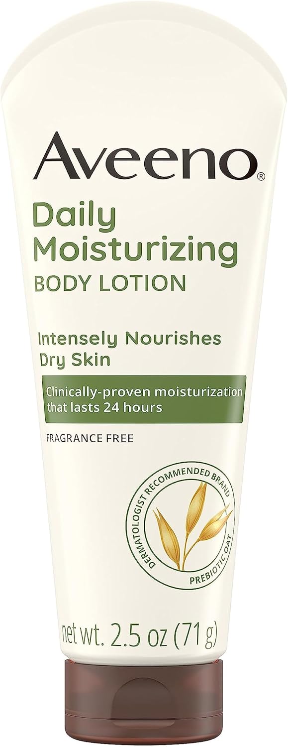 Aveeno Daily Moisturizing Body Lotion with Soothing Oat and Rich Emollients to Nourish Dry Skin, Fragrance-Free, 2.5 fl. oz (pack of 2)
