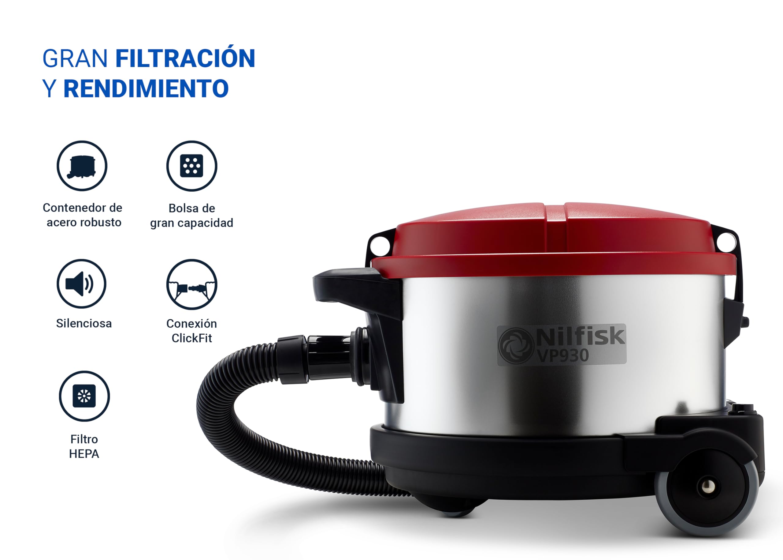 Nilfisk Aspiradora VP930 para Suelos y Alfombras - Aspirador de Trineo Silencioso, Potente y Anti-Alérgenos con Filtro HEPA