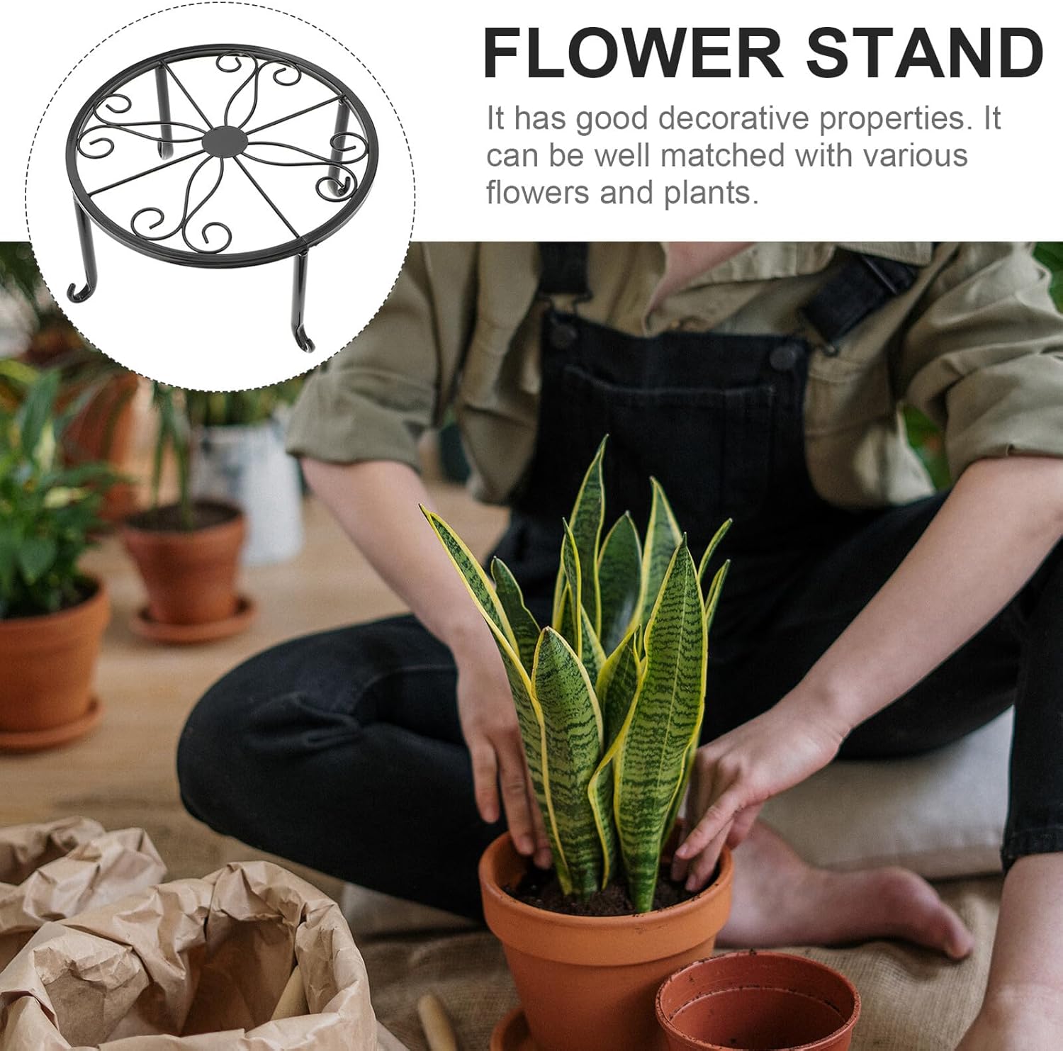 DOITOOL 4pcs Iron Flower Shelf Plant Stand for Indoor Outdoor Balcony, Hollow Iron Art Flowerpot Base with Simple Decorative Design, Floor Raised Plant Holder for Garden Patio
