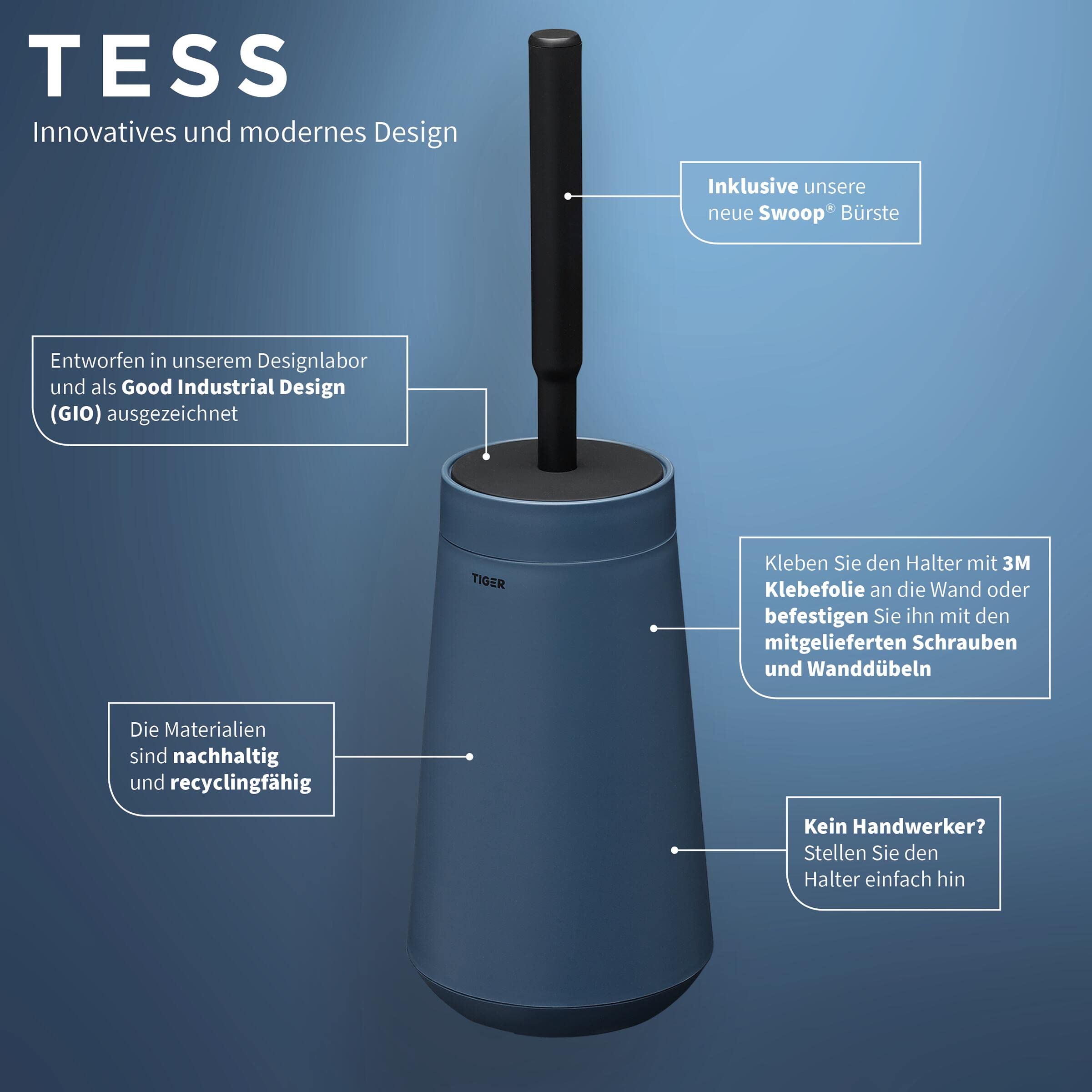 Tiger Tess, Toilet brush holder with Swoop® brush flexible, Blue/Black, 129x129x412mm, 129x412x129 mm - Image 4