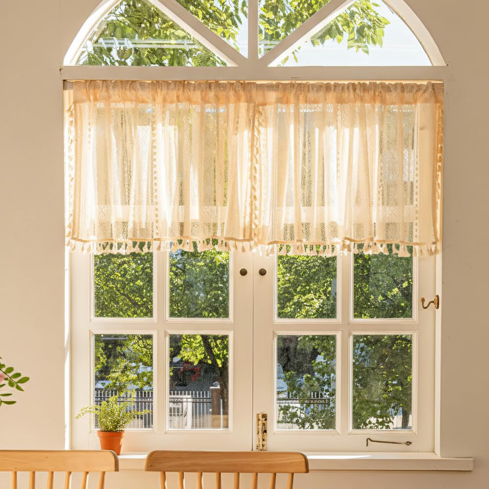 BDKMMS Boho Lace Curtains, 2 Panels Breathable Semi-sheer Drapes with Tassels Lightweight Boho Lace Drapes for Living Room, Bedroom, Windows