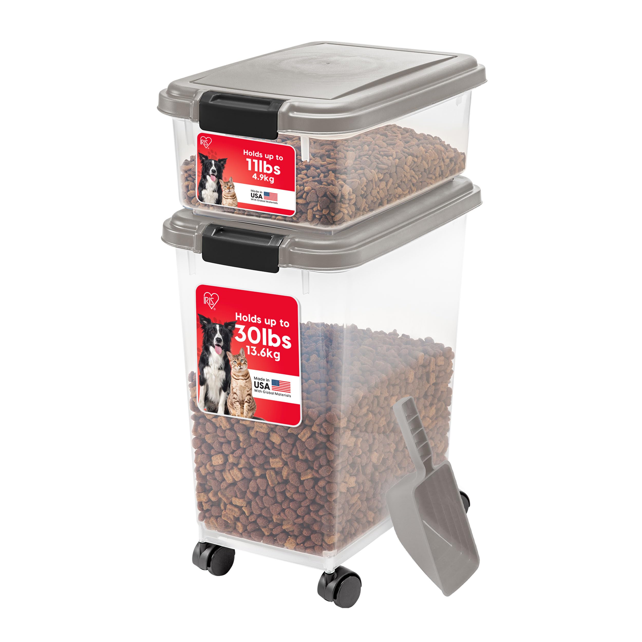 IRIS USA Dog Food Storage Container, 30 lbs & 11 lbs Combo, Cat Food Storage Container, Dog Treat Container, Airtight, Stackable, 2-Cup Scoop, Wheels, Easy Mobility, Chrome