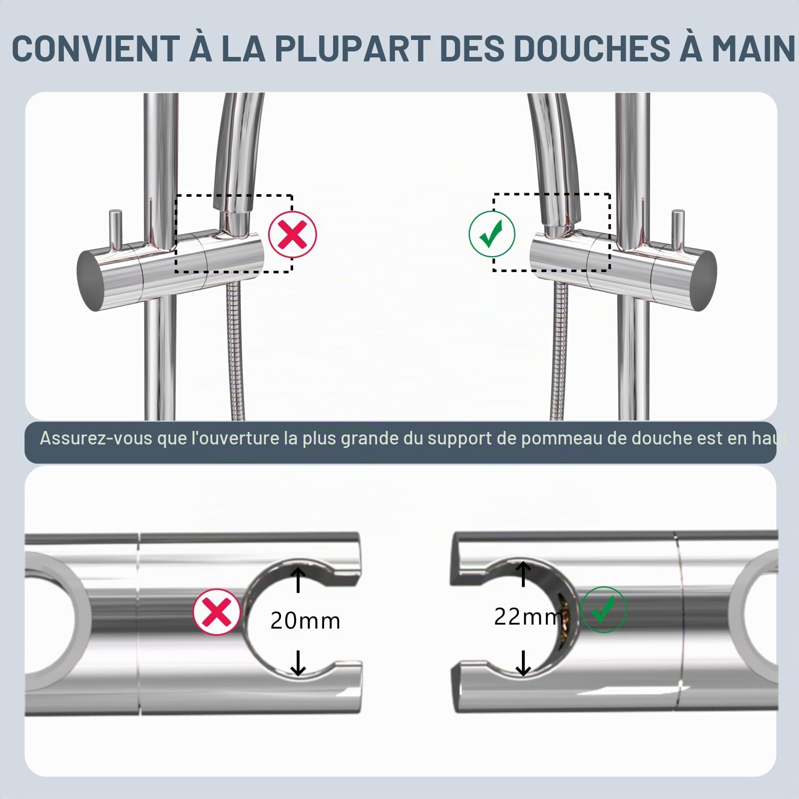 90cm Barre de Douche en Acier Inoxydable, DETBOM Barre de Douche avec Support de Pommeau de Douche Réglable à 360° et Fixations Murales Variables pour S'adapter aux Trous de Perçage Existants, Chromé