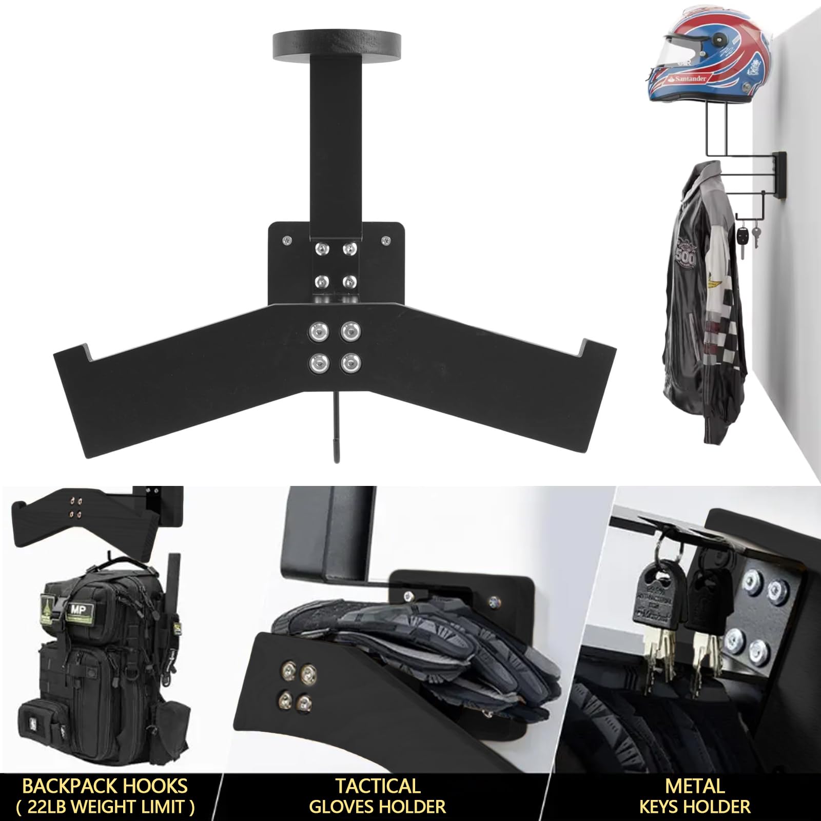 Porta Casco Moto da Parete, Gilet Tattico, Appendiabiti Espandibile, Organizzatore Multifunzionale per Accessori di Biciclette e Moto